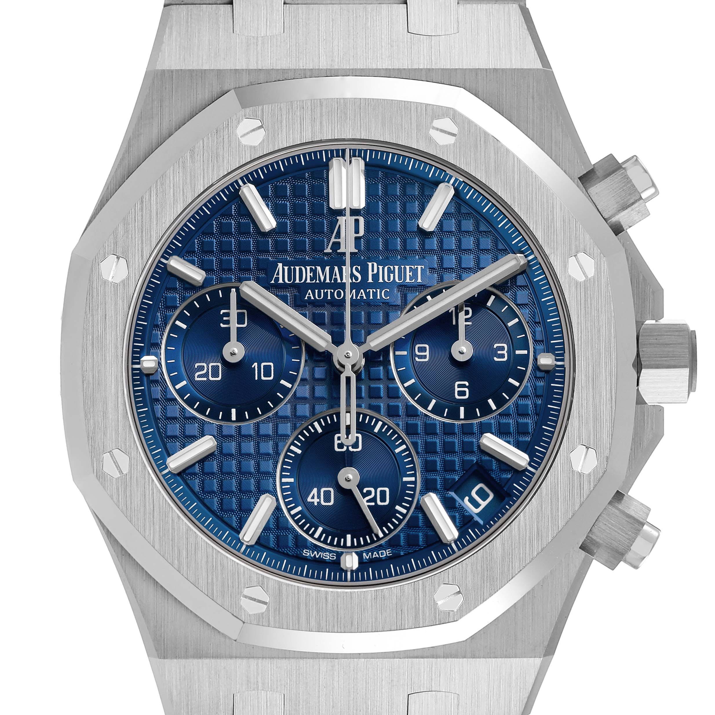 The image shows a front view of the Audemars Piguet Royal Oak 26239BC.OO.1220BC.01 Men's White Gold Blue Dial watch, highlighting the dial, chronograph subdials, and octagonal bezel.