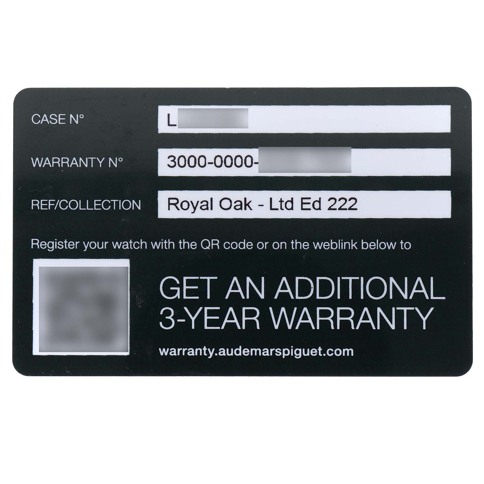 This image shows a warranty card for the Audemars Piguet Royal Oak 26239BC.OO.1220BC.01 Men's White Gold Blue Dial, providing case and warranty numbers.