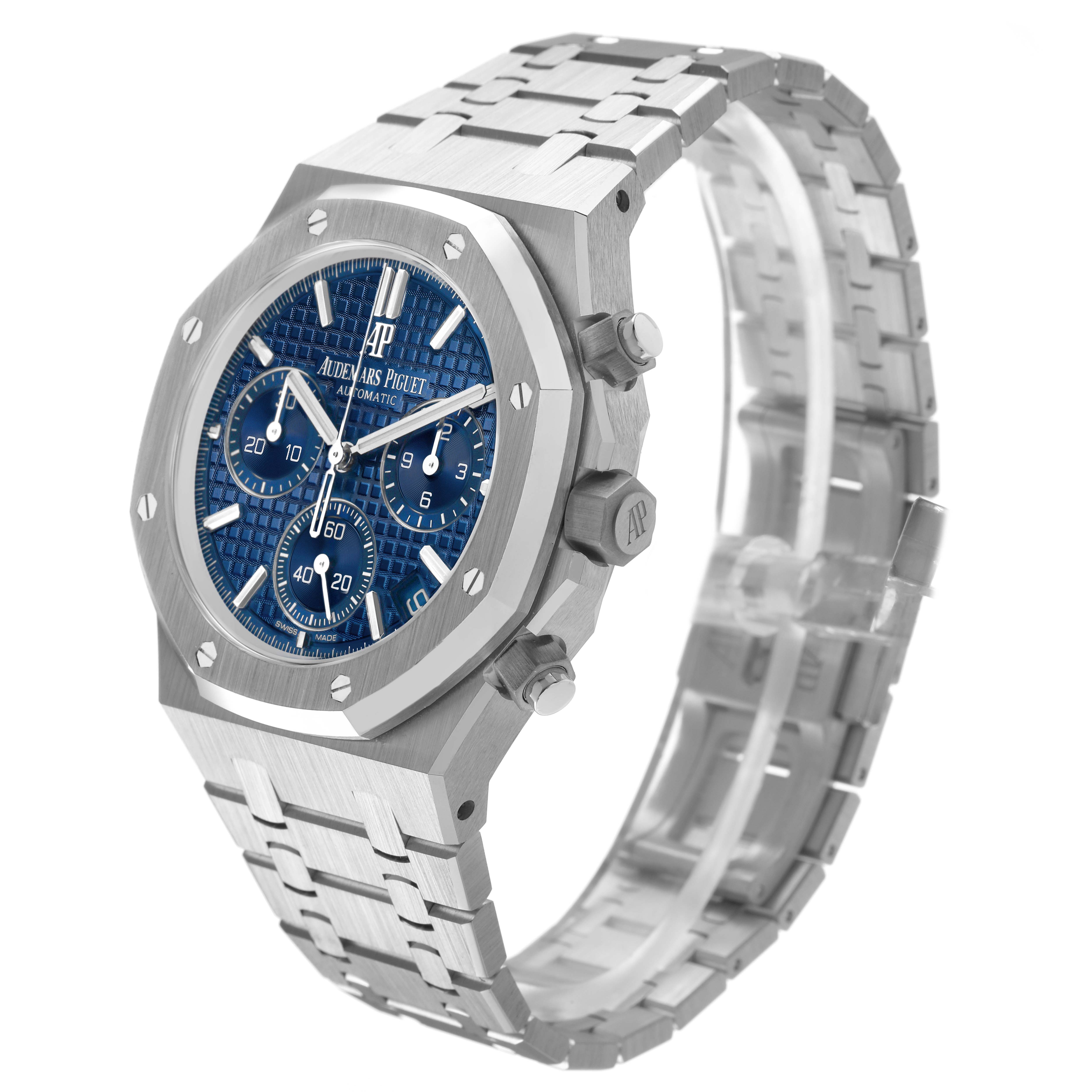 The Audemars Piguet Royal Oak 26239BC.OO.1220BC.01 Men's White Gold Blue Dial watch is shown at a side angle, highlighting the blue dial, chronograph buttons, and stainless steel bracelet.