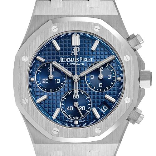 The image shows a front view of the Audemars Piguet Royal Oak 26239BC.OO.1220BC.01 Men's White Gold Blue Dial, highlighting its blue dial, subdials, and distinct octagonal bezel.