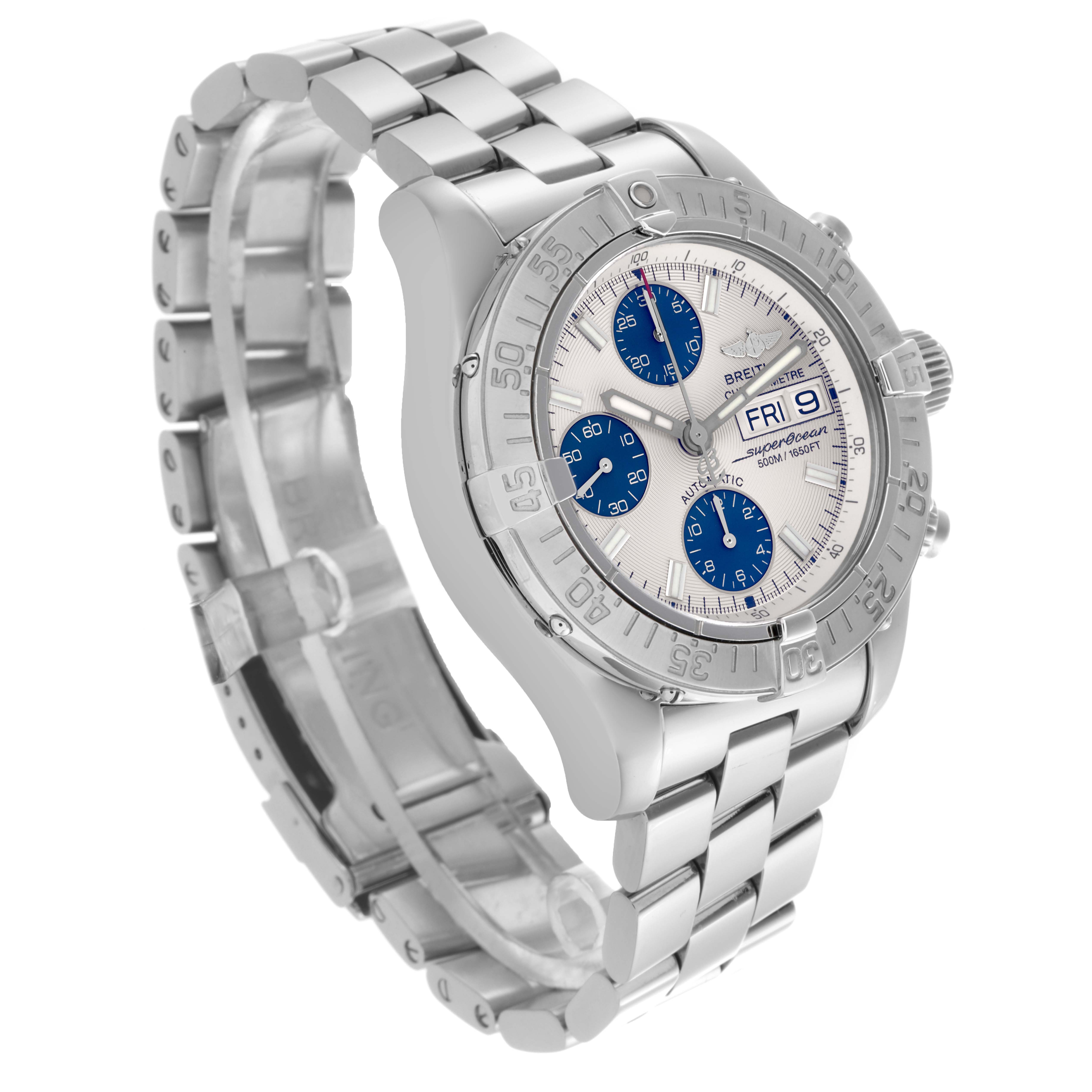 The Breitling Superocean A13340 Men's Stainless Steel Beige Dial A13340 Men's Stainless Steel Beige Dial watch is shown at a slight angle, highlighting its face, bezel, and metal bracelet.