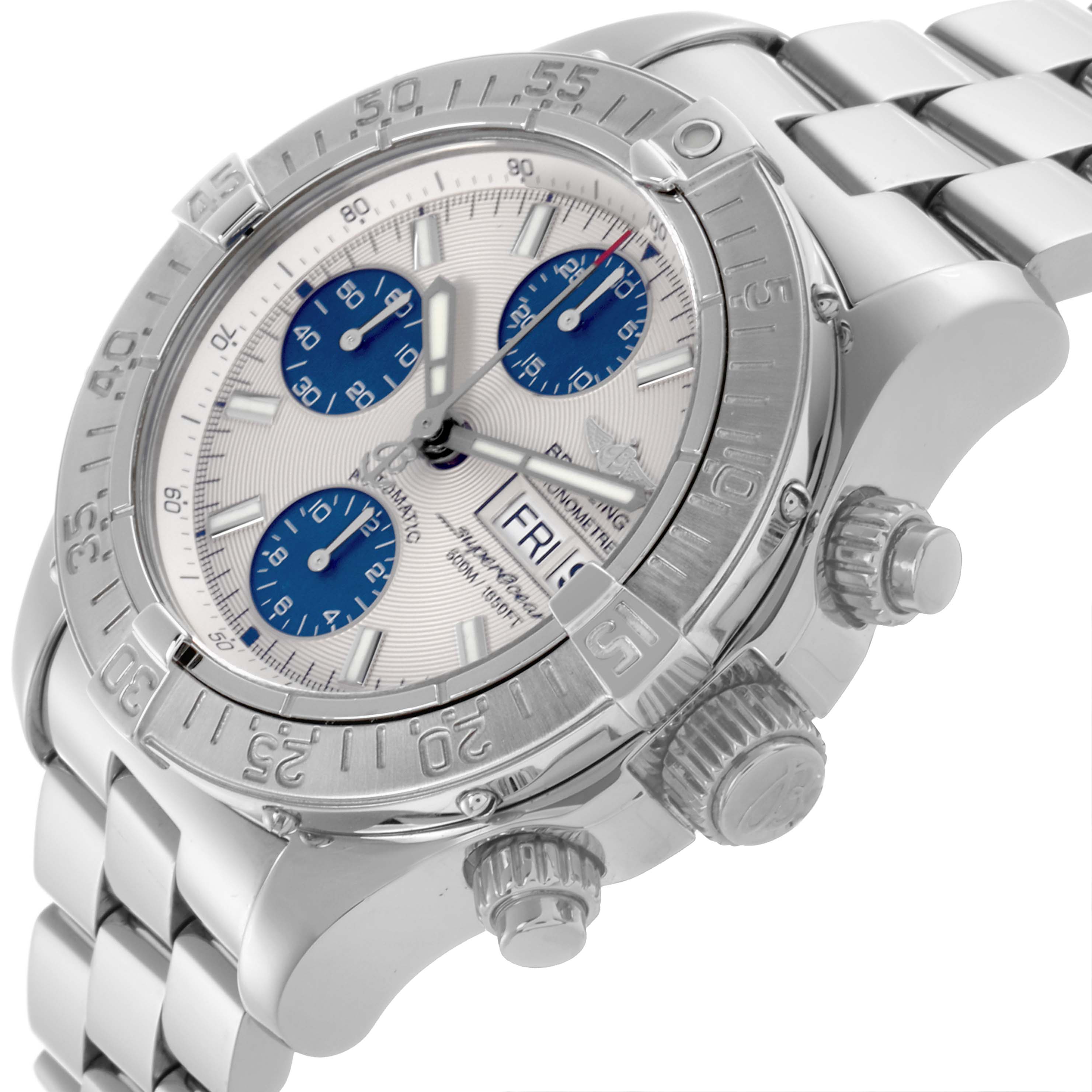 The Breitling Superocean A13340 Men's Stainless Steel Beige Dial A13340 Men's Stainless Steel Beige Dial watch is shown at an angled view, highlighting its dial, bezel, crown, pushers, and bracelet.