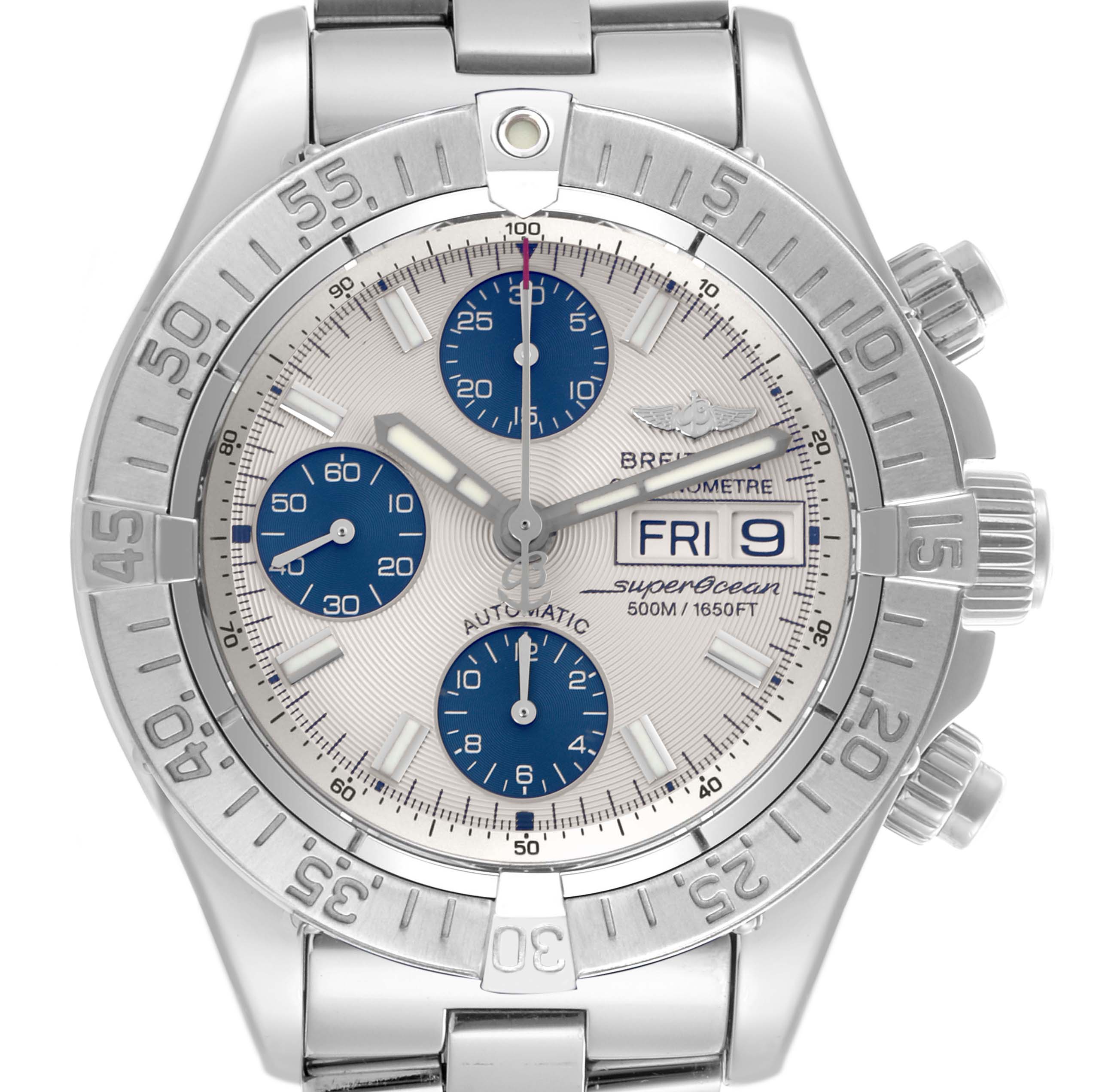 The Breitling Superocean A13340 Men's Stainless Steel Beige Dial A13340 Men's Stainless Steel Beige Dial watch is shown from a top-down angle, highlighting its bezel, dials, and bracelet.