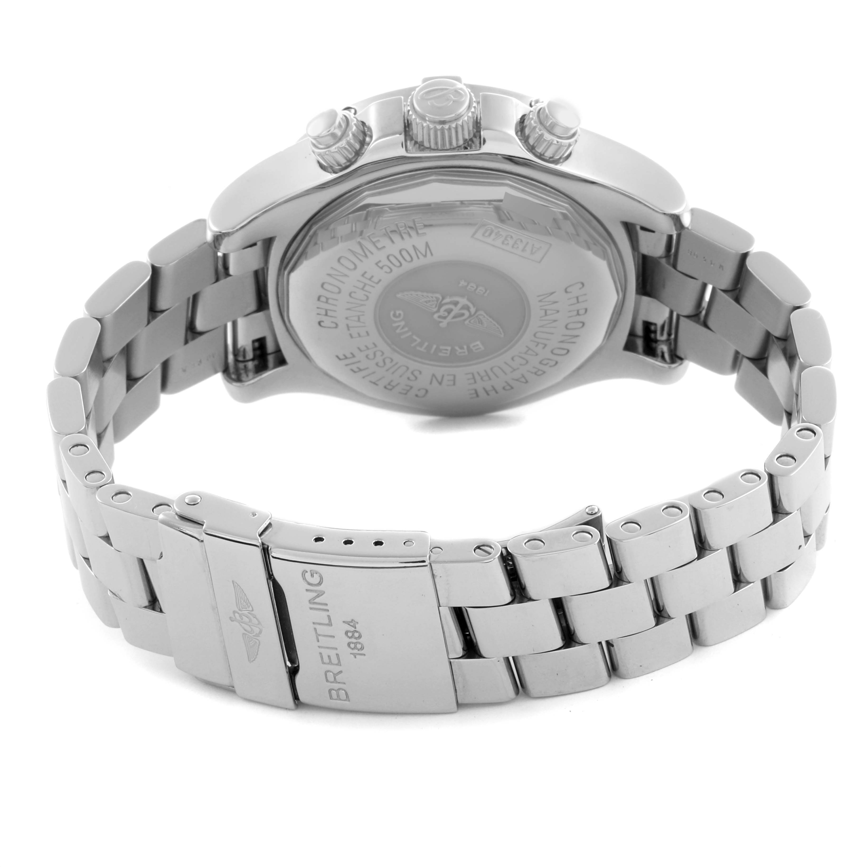 The image shows the back and side of a Breitling Superocean A13340 Men's Stainless Steel Beige Dial A13340 Men's Stainless Steel Beige Dial watch, highlighting the case back, crown, and bracelet clasp.