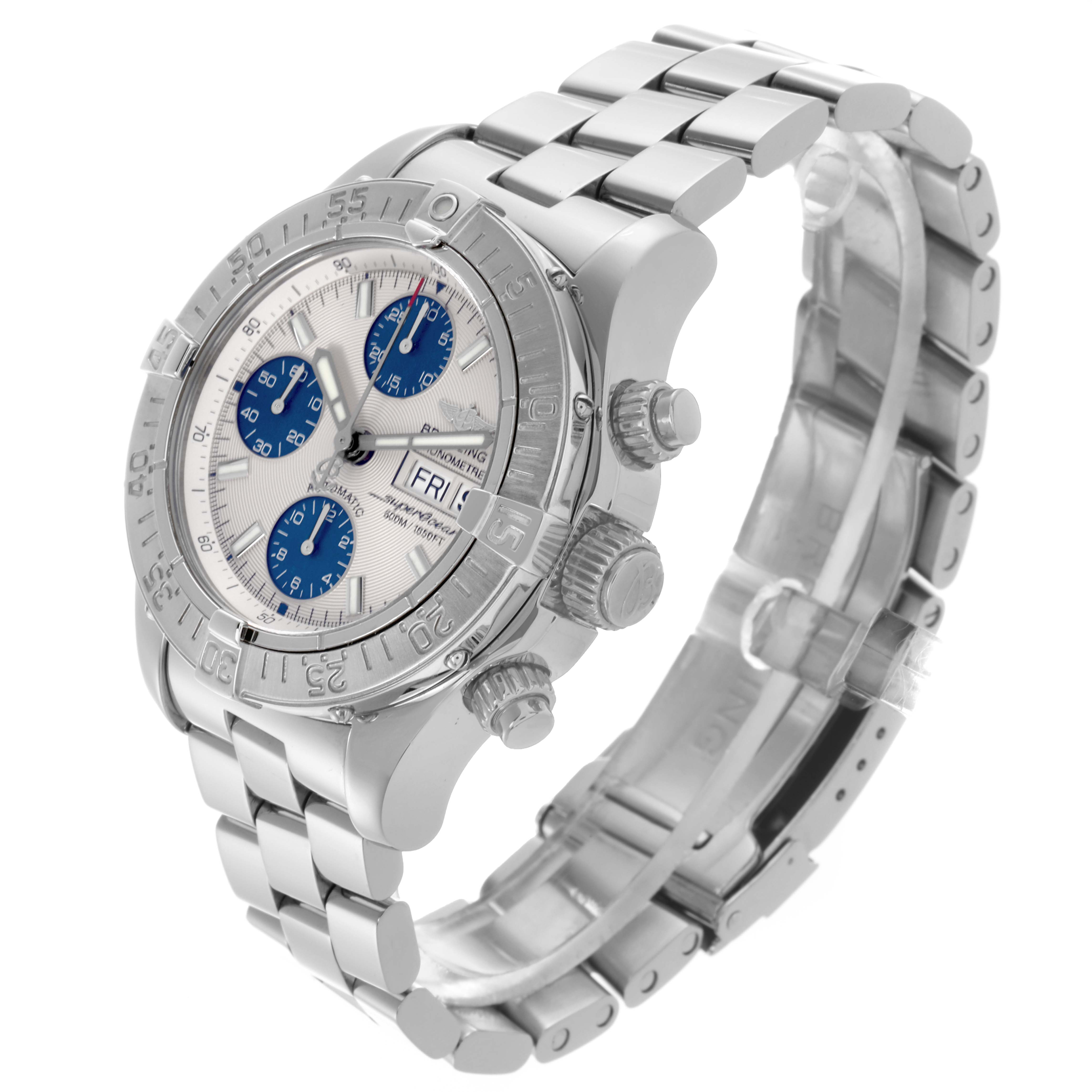 The Breitling Superocean A13340 Men's Stainless Steel Beige Dial A13340 Men's Stainless Steel Beige Dial watch is shown at a three-quarter angle, displaying the bezel, crown, and stainless steel bracelet.