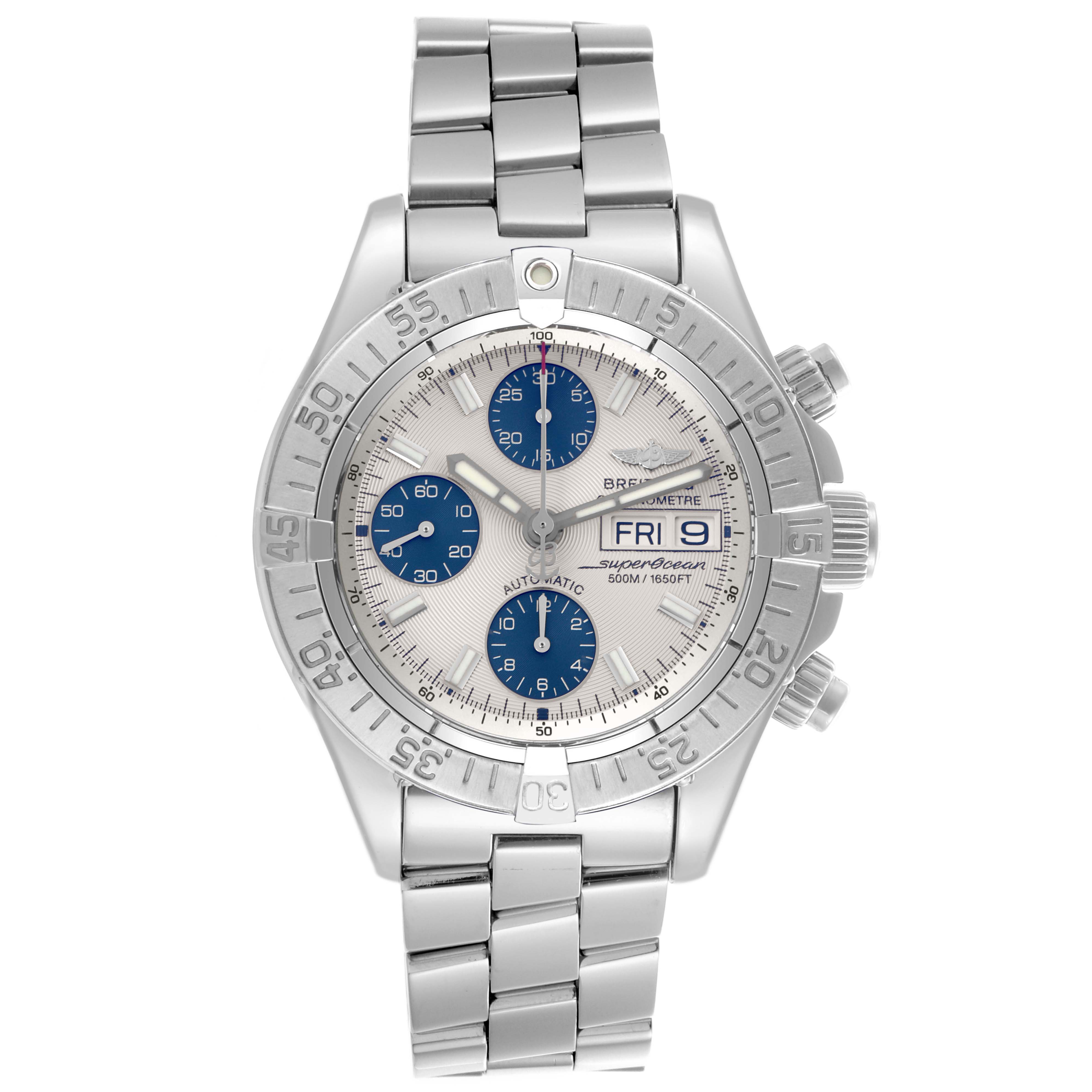 The Breitling Superocean A13340 Men's Stainless Steel Beige Dial A13340 Men's Stainless Steel Beige Dial watch is shown from a top-down angle, highlighting its face, bezel, and metal bracelet.