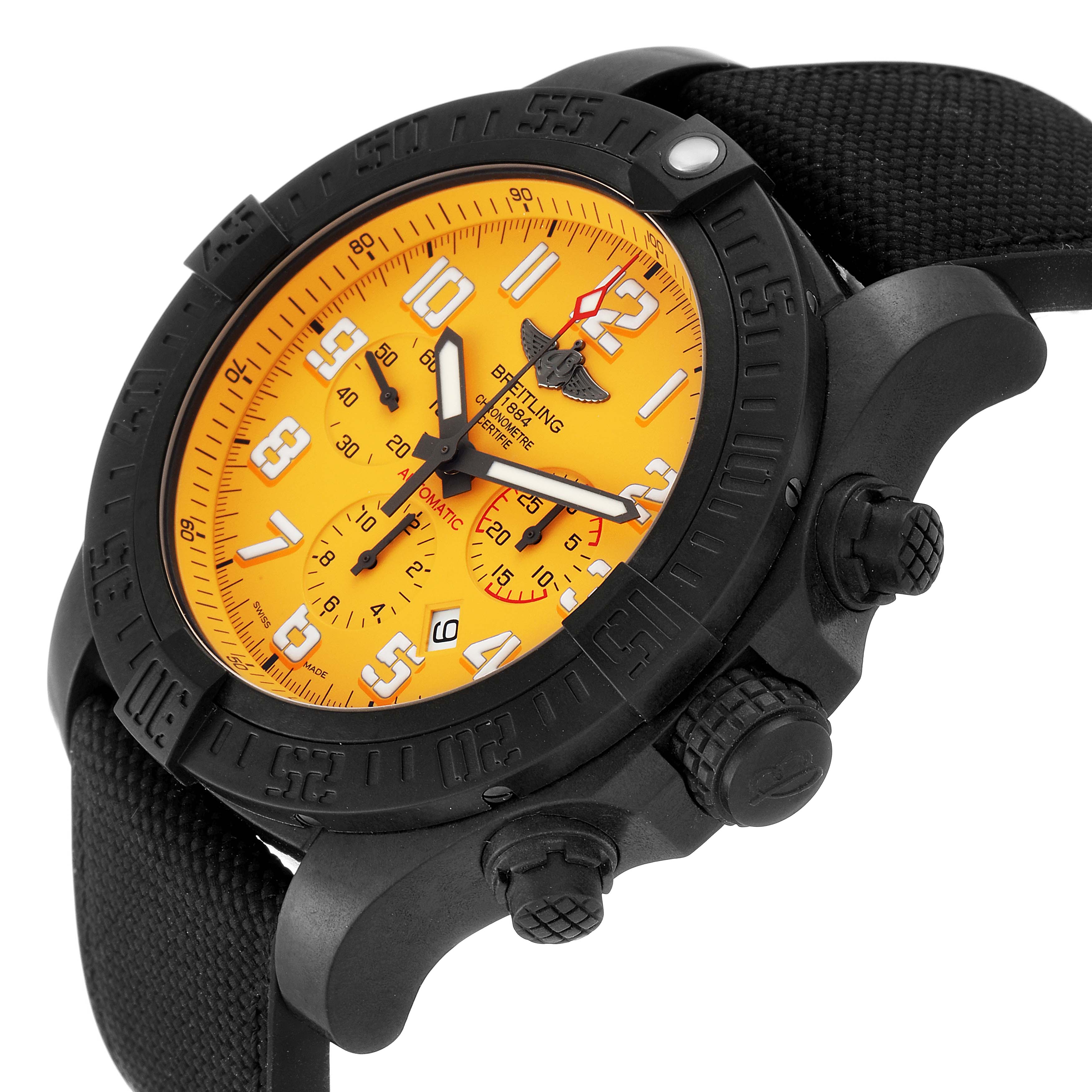 The image shows a Breitling Avenger XB0170E4/1533 Men's Titanium Yellow Dial XB0170E4/1533 Men's Titanium Yellow Dial watch at a three-quarter angle highlighting its yellow dial, black bezel, and side pushers.