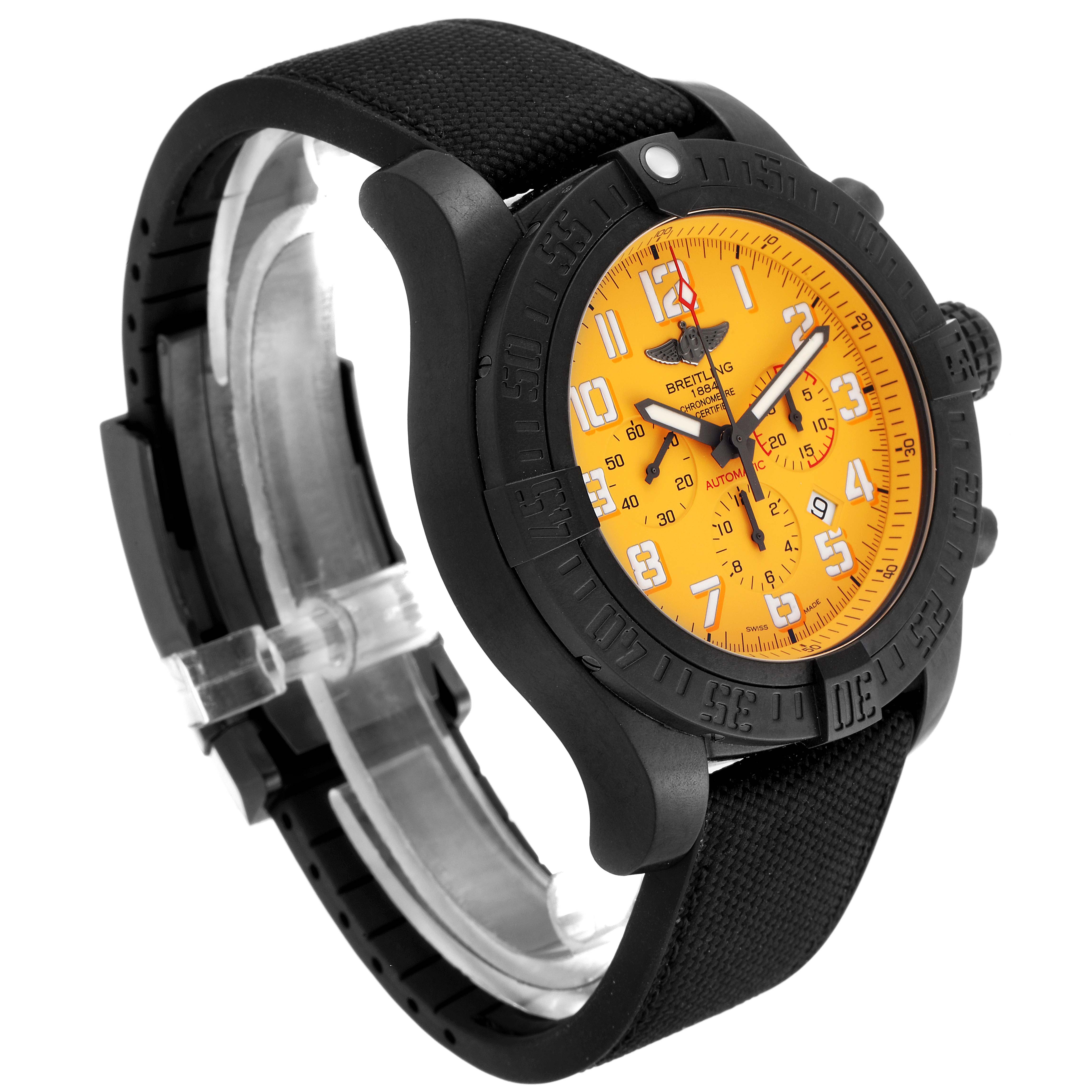 The image shows a Breitling Avenger XB0170E4/1533 Men's Titanium Yellow Dial XB0170E4/1533 Men's Titanium Yellow Dial watch from a three-quarter angle, highlighting its yellow dial, black bezel, and black strap.