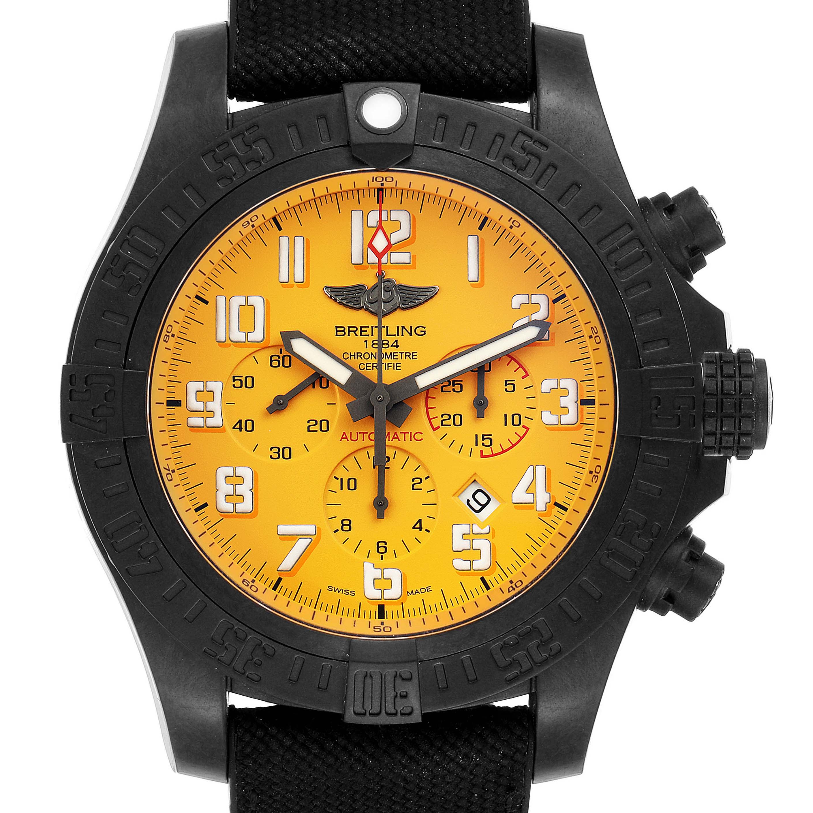 The image shows a front view of the Breitling Avenger XB0170E4/1533 Men's Titanium Yellow Dial XB0170E4/1533 Men's Titanium Yellow Dial watch with its black bezel, yellow dial, and chronograph functions.