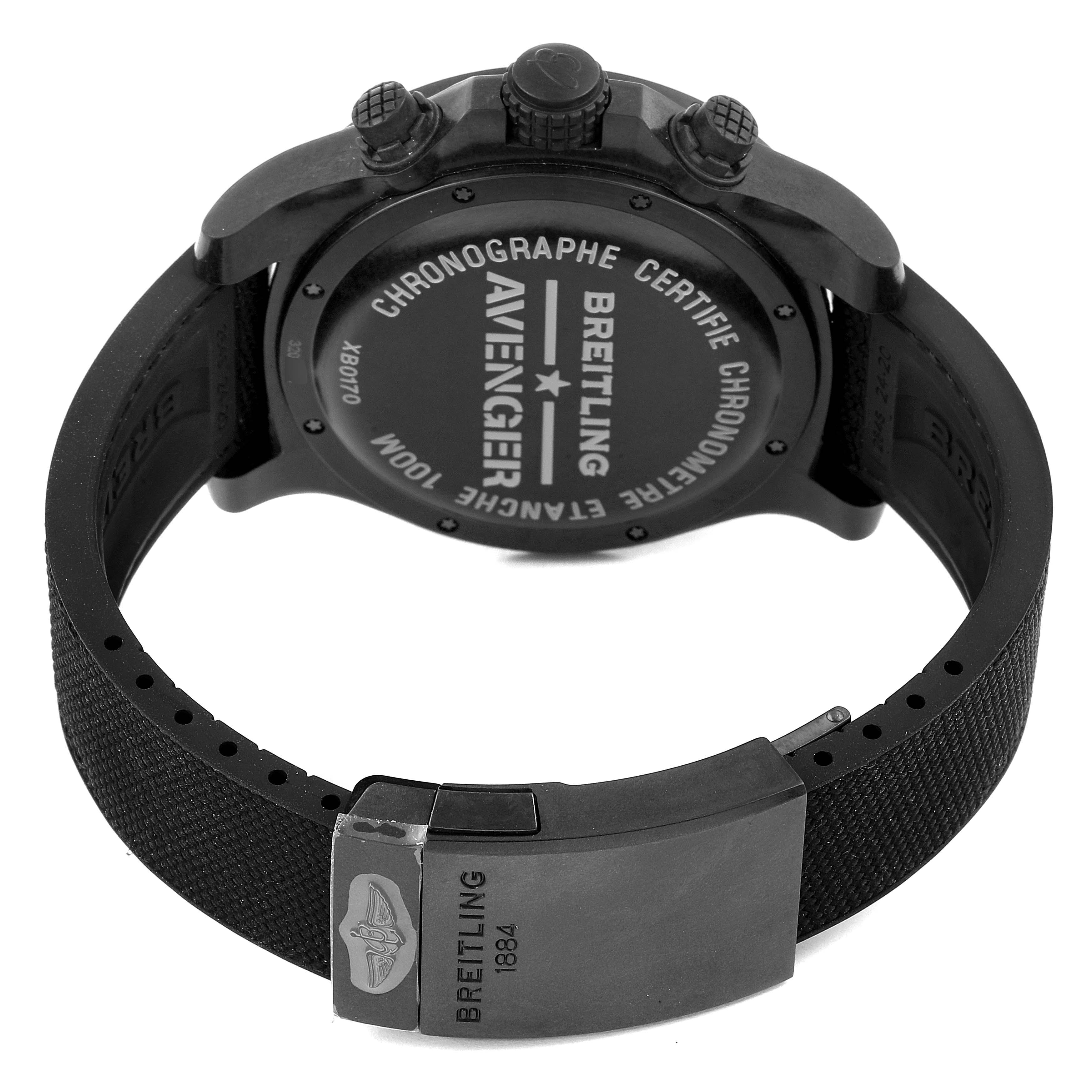 The image shows the backside of a Breitling Avenger XB0170E4/1533 Men's Titanium Yellow Dial XB0170E4/1533 Men's Titanium Yellow Dial watch, including the case back, pushers, crown, and the strap with a clasp.