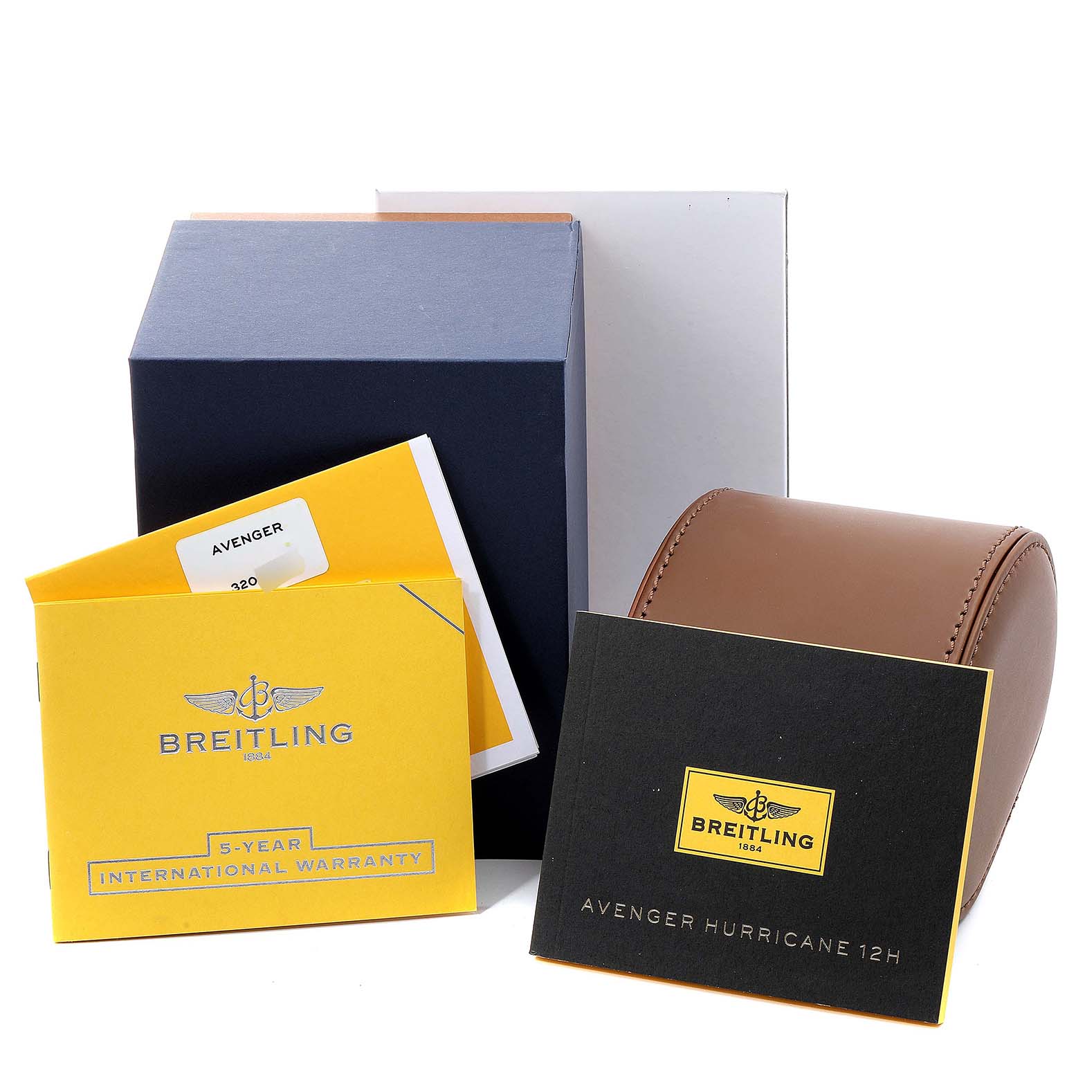The image shows the packaging, warranty cards, and a leather case for the Breitling Avenger XB0170E4/1533 Men's Titanium Yellow Dial XB0170E4/1533 Men's Titanium Yellow Dial watch model.