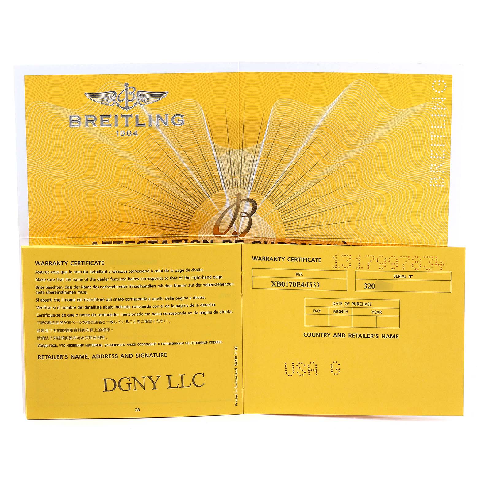 This image shows the warranty certificate for a Breitling Avenger XB0170E4/1533 Men's Titanium Yellow Dial XB0170E4/1533 Men's Titanium Yellow Dial watch.