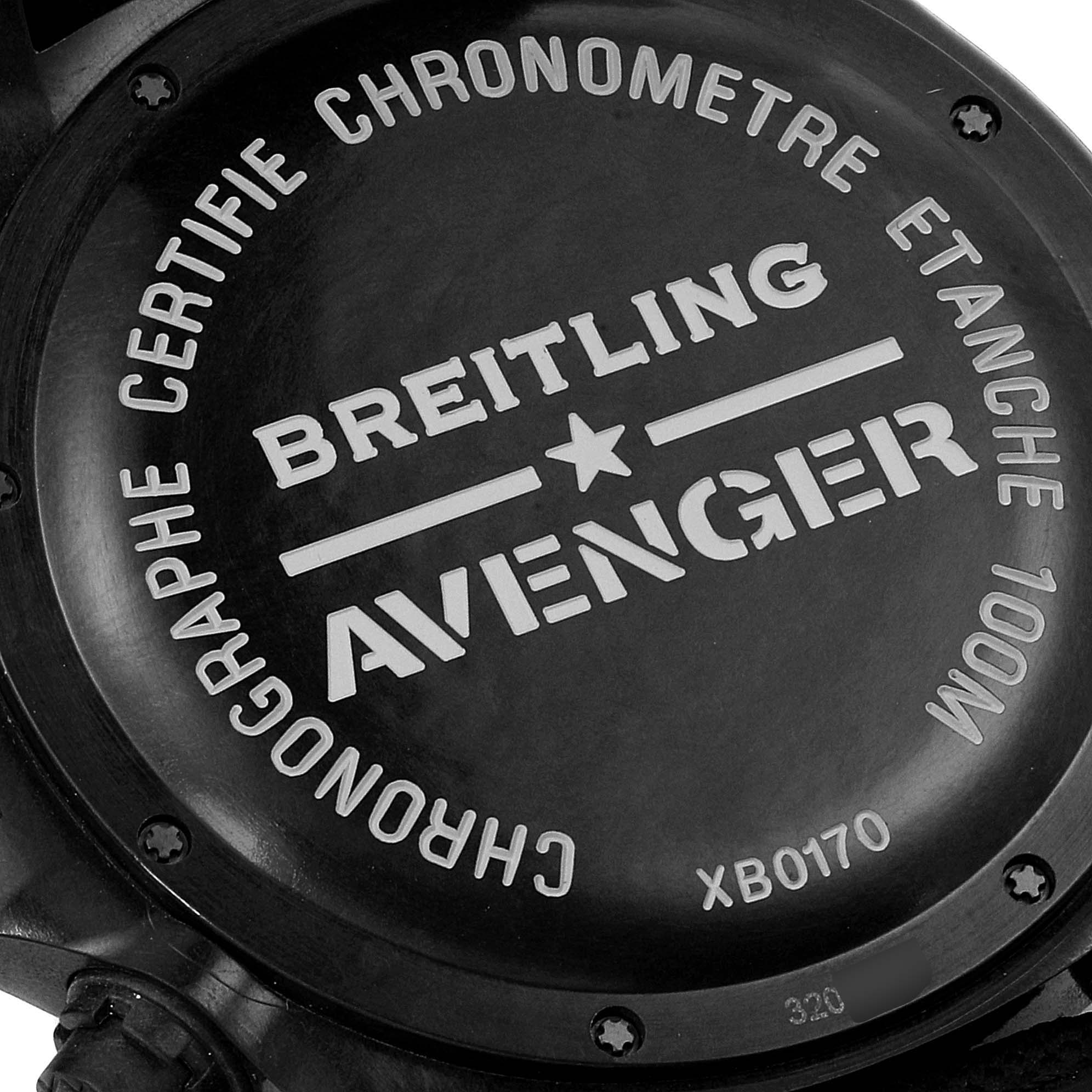 The image shows the back case of a Breitling Avenger XB0170E4/1533 Men's Titanium Yellow Dial XB0170E4/1533 Men's Titanium Yellow Dial watch, highlighting its branding and specifications.