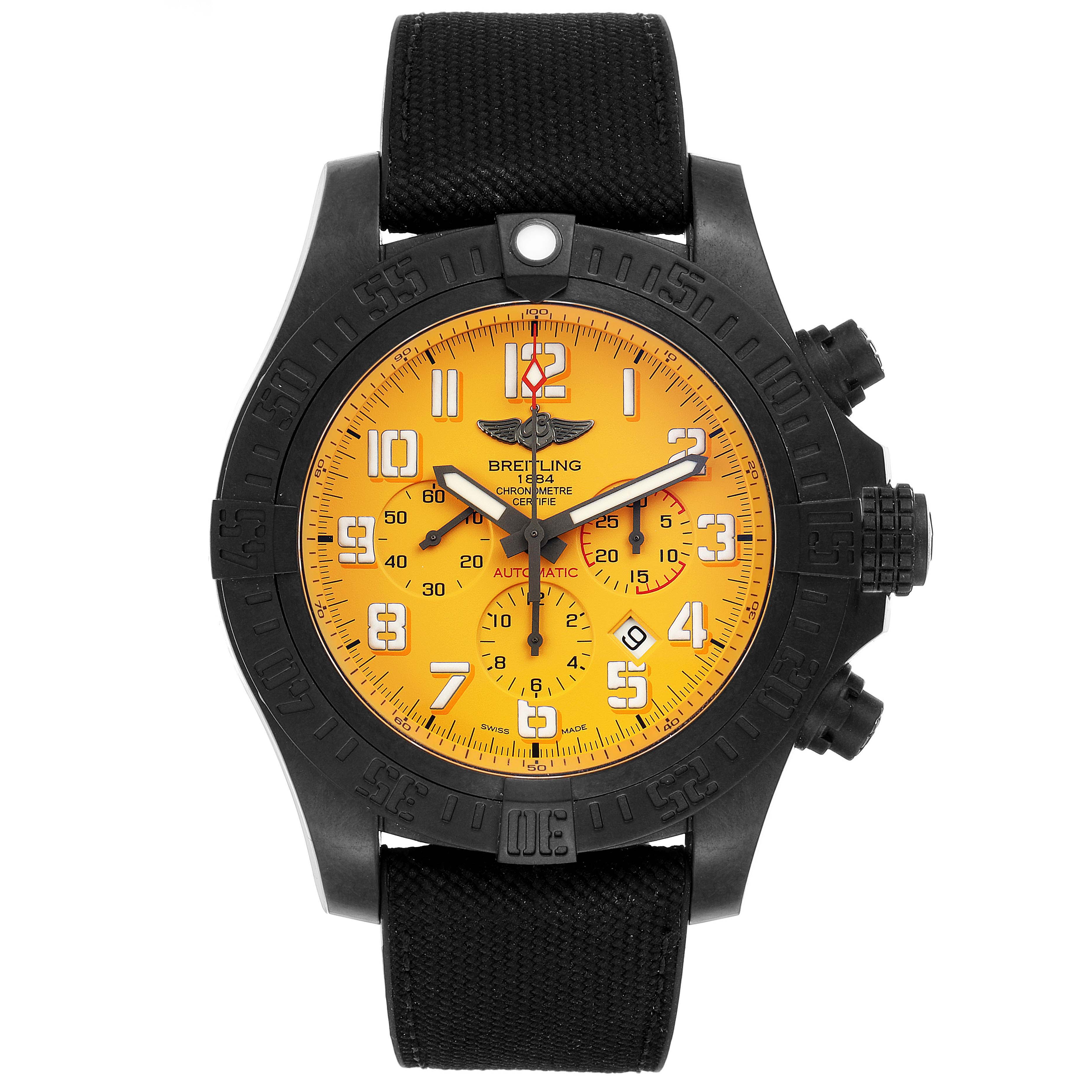 This image shows a front view of the Breitling Avenger XB0170E4/1533 Men's Titanium Yellow Dial XB0170E4/1533 Men's Titanium Yellow Dial watch, highlighting its yellow dial, black bezel, and black strap.
