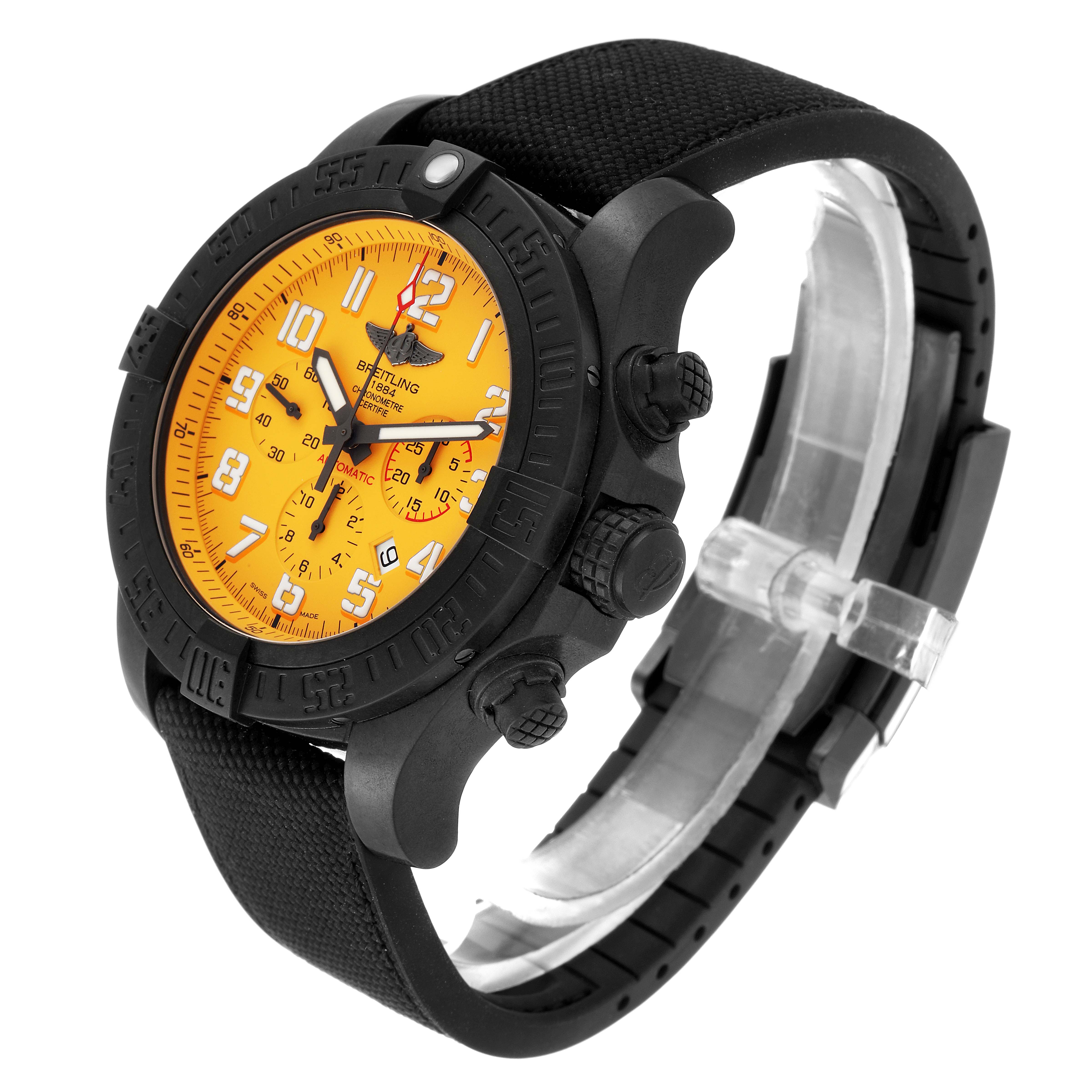 The Breitling Avenger XB0170E4/1533 Men's Titanium Yellow Dial XB0170E4/1533 Men's Titanium Yellow Dial watch is shown from an angled top-front view, displaying the dial, bezel, crown, and strap.