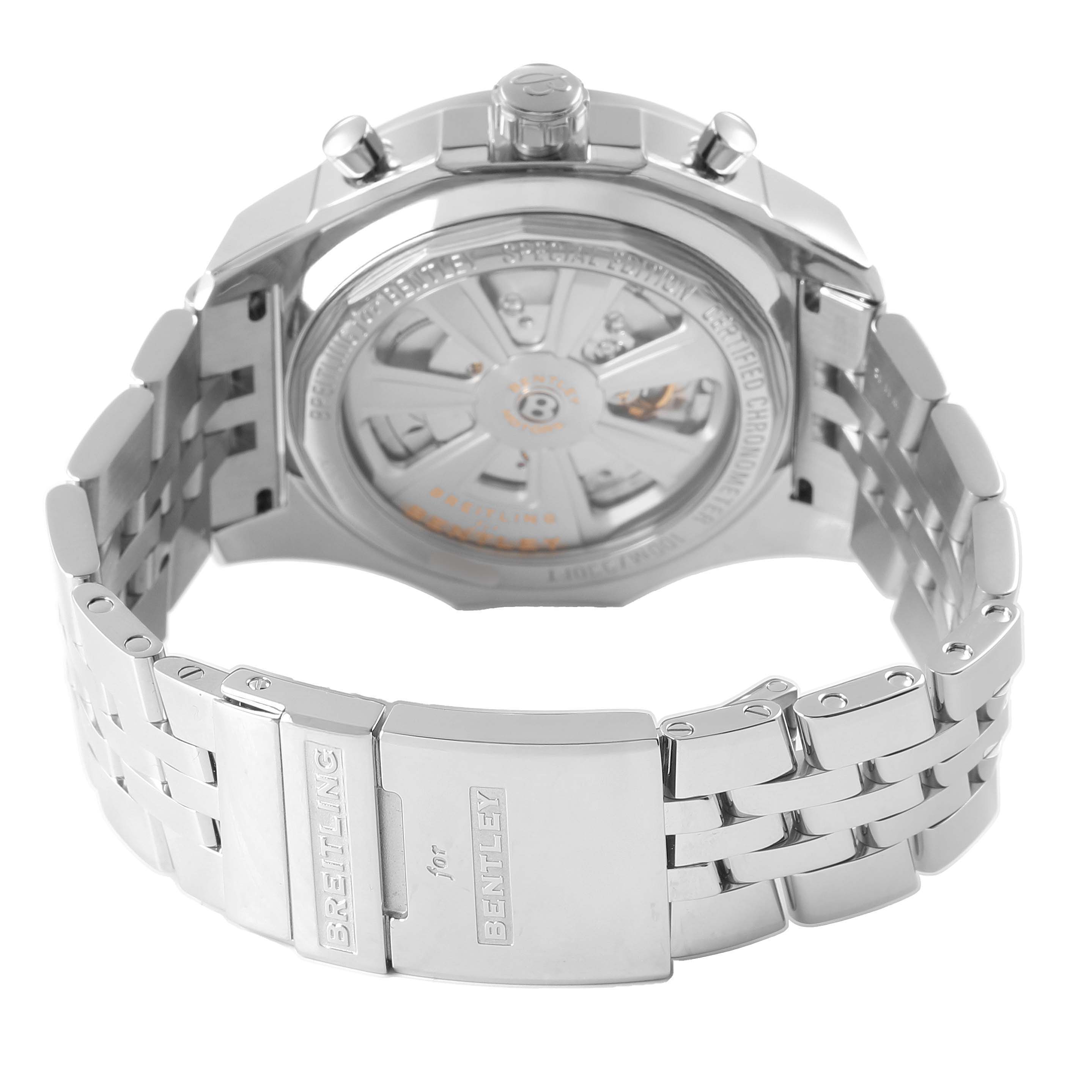 The image shows the back and bracelet of a Breitling Bentley A25366 Men's Stainless Steel Silver Dial watch, highlighting the deployment clasp and the exhibition case back.