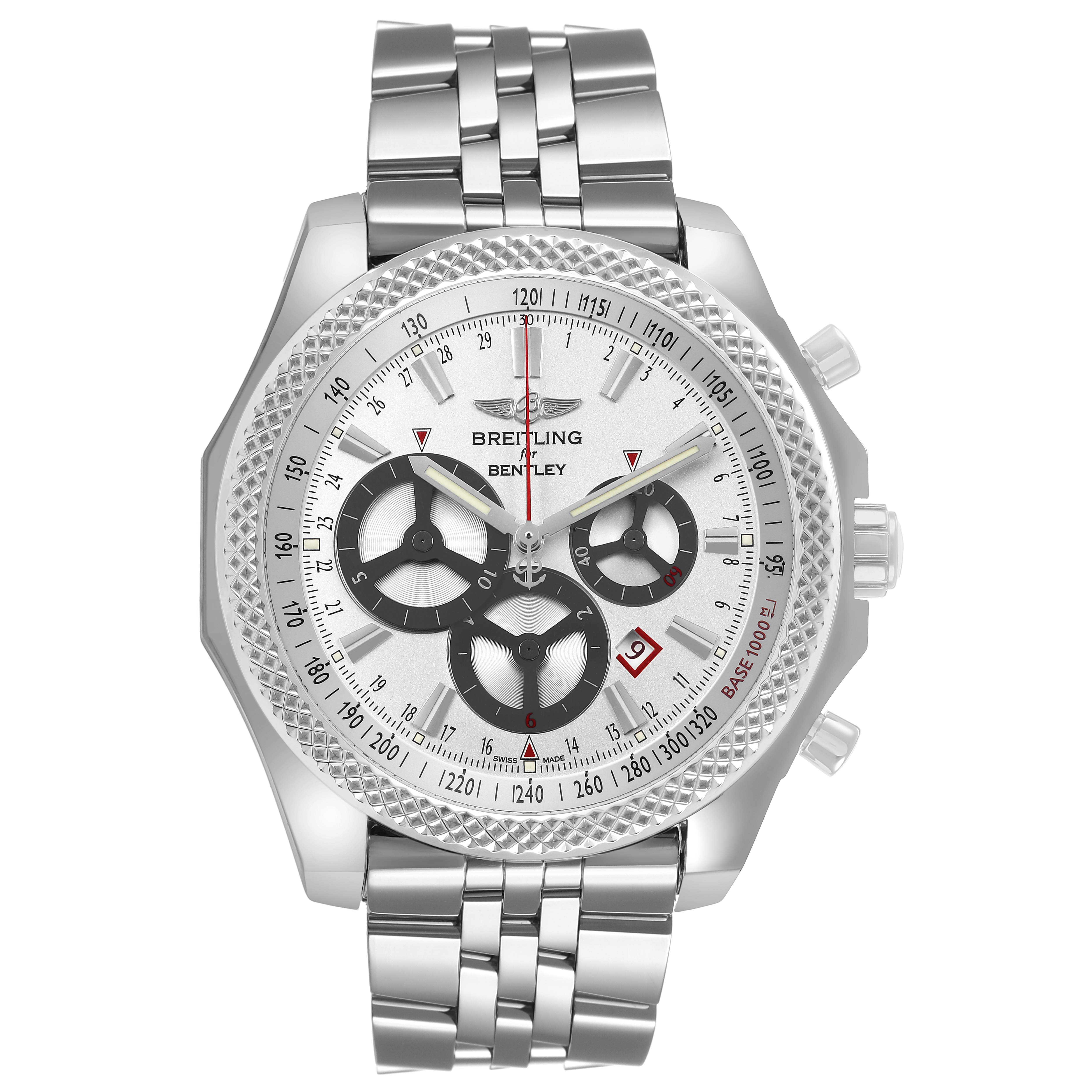 The Bentley model by Breitling is shown from the front, displaying its face, bezel, and bracelet.