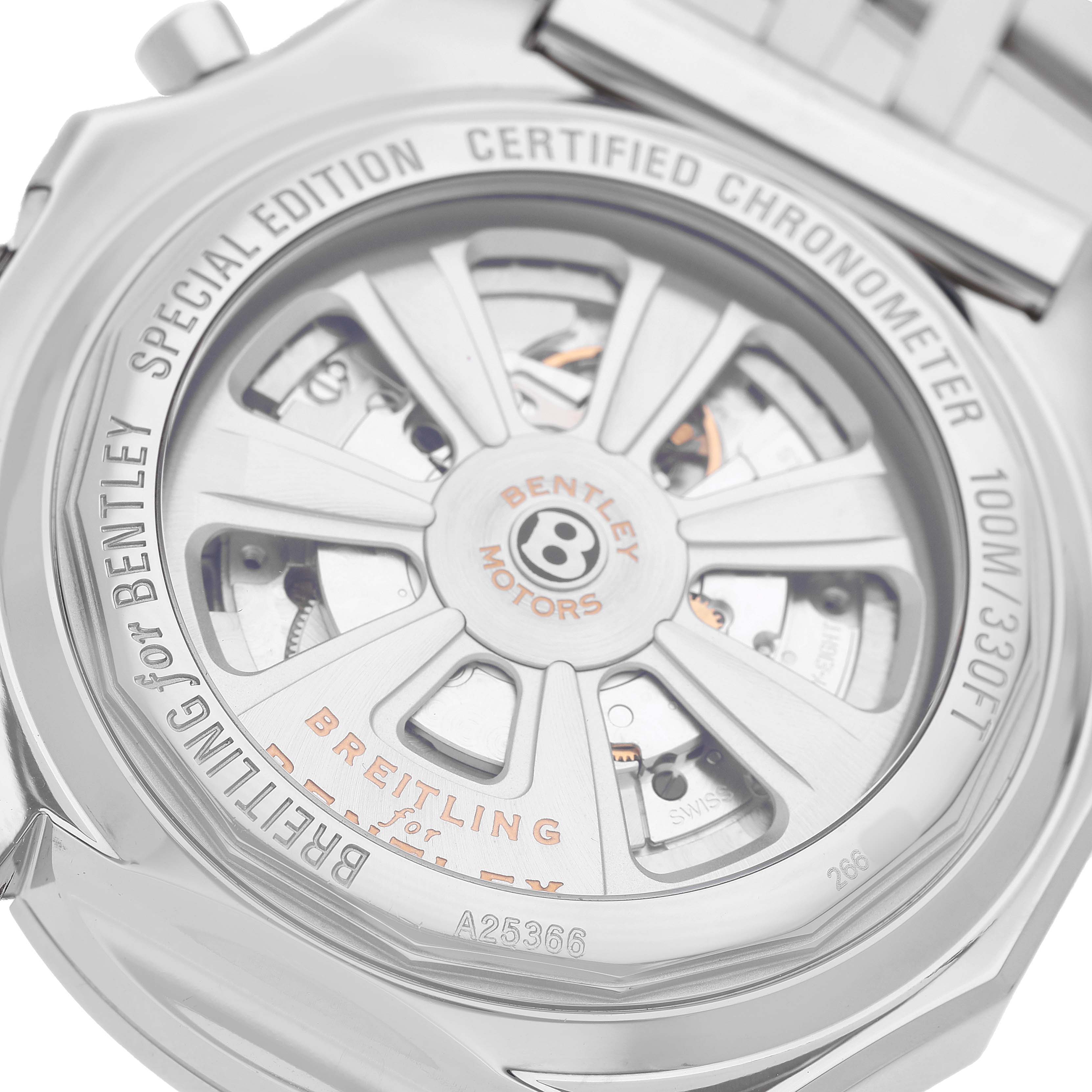 The image shows the back view of a Breitling Bentley A25366 Men's Stainless Steel Silver Dial watch, highlighting the rotor and engravings on the case back.