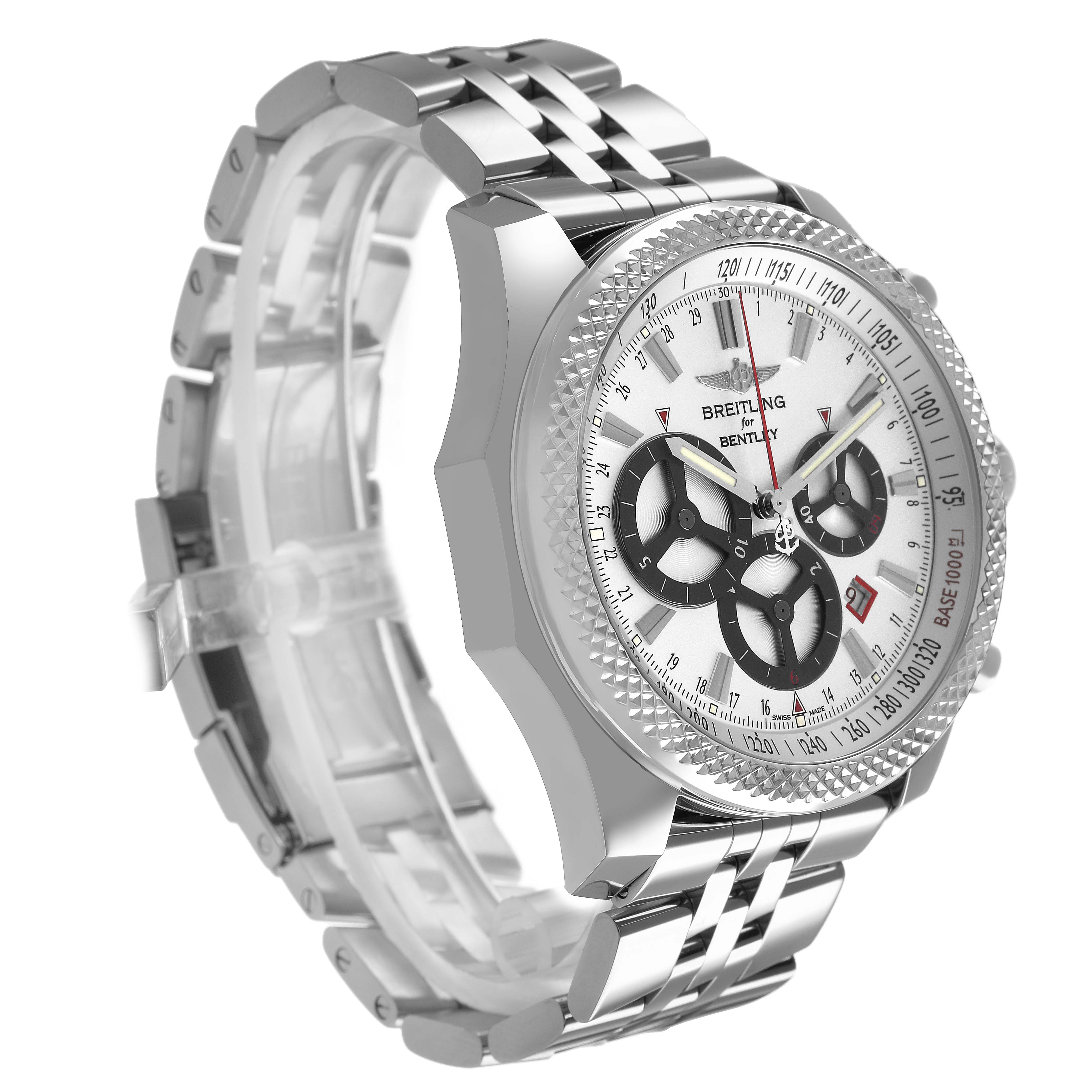 The Breitling Bentley A25366 Men's Stainless Steel Silver Dial watch is shown from a three-quarter angle, highlighting the face, bezel, and metal bracelet.
