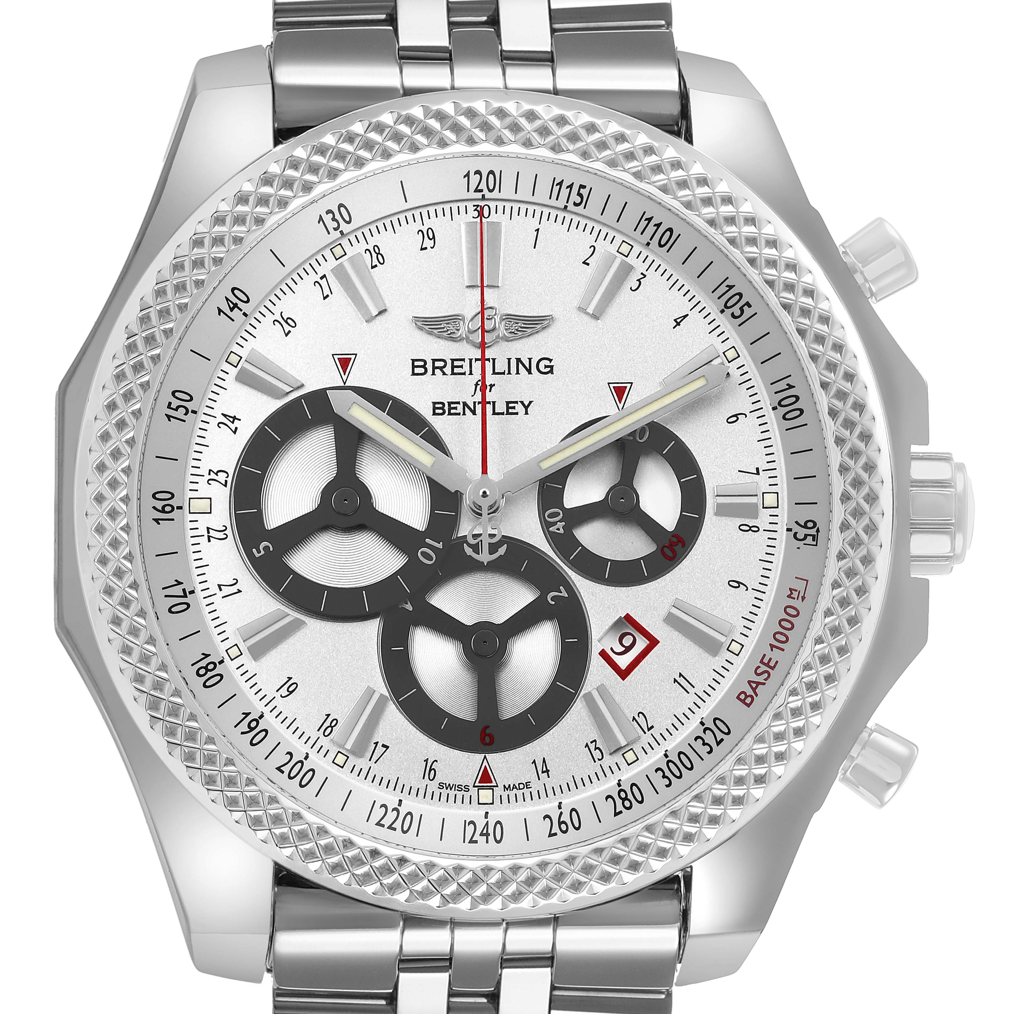 The Breitling Bentley A25366 Men's Stainless Steel Silver Dial watch is shown from the front, displaying the dial, subdials, and bracelet.