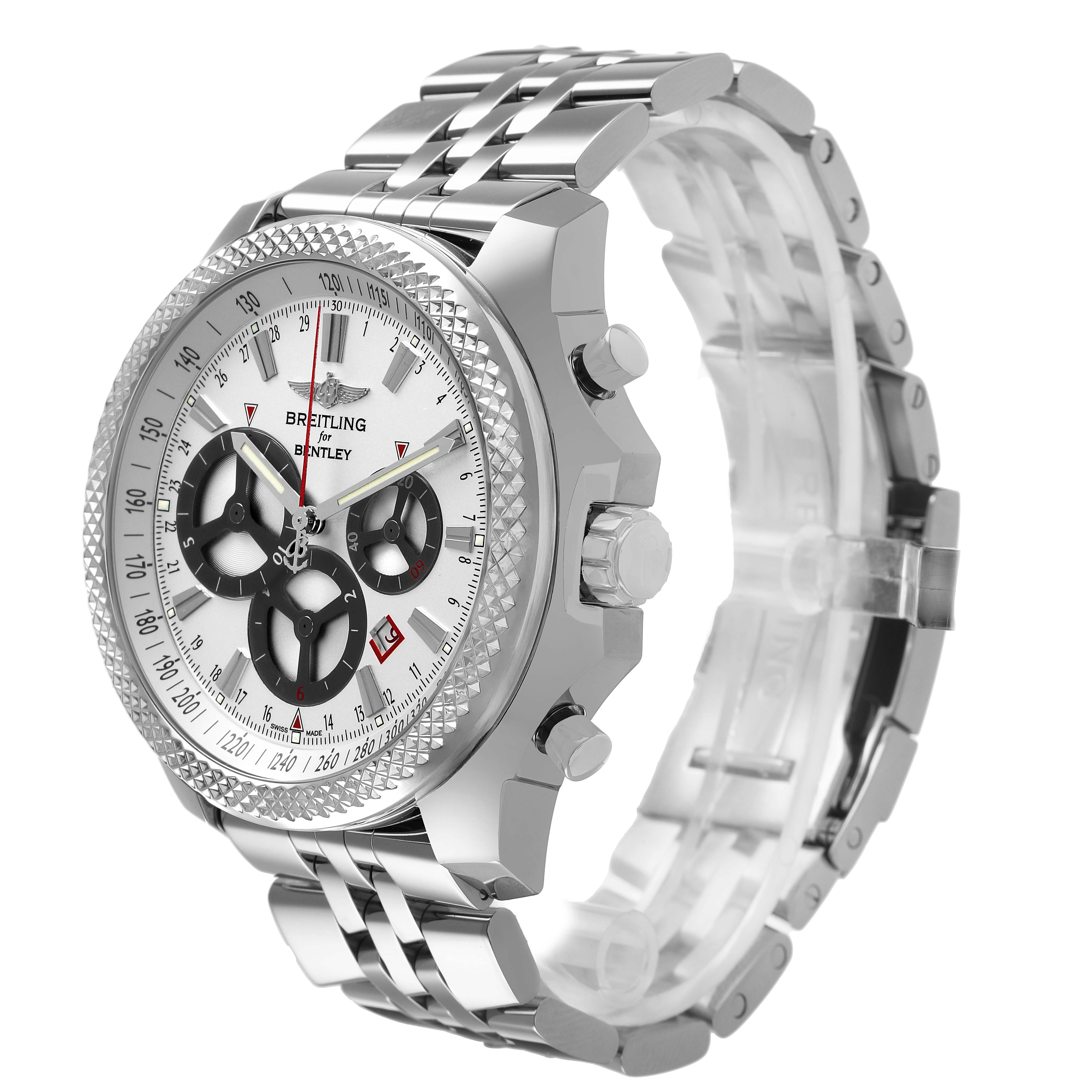The Breitling Bentley A25366 Men's Stainless Steel Silver Dial watch is shown from a slight side angle, featuring its bezel, dial, crown, and metal bracelet.