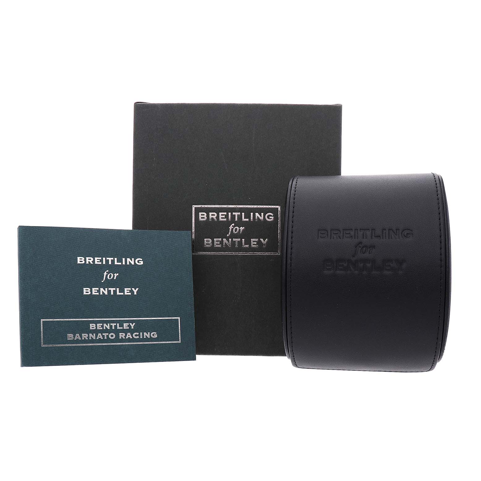 The image shows a Breitling for Bentley watch box, manual, and case from a front angle.