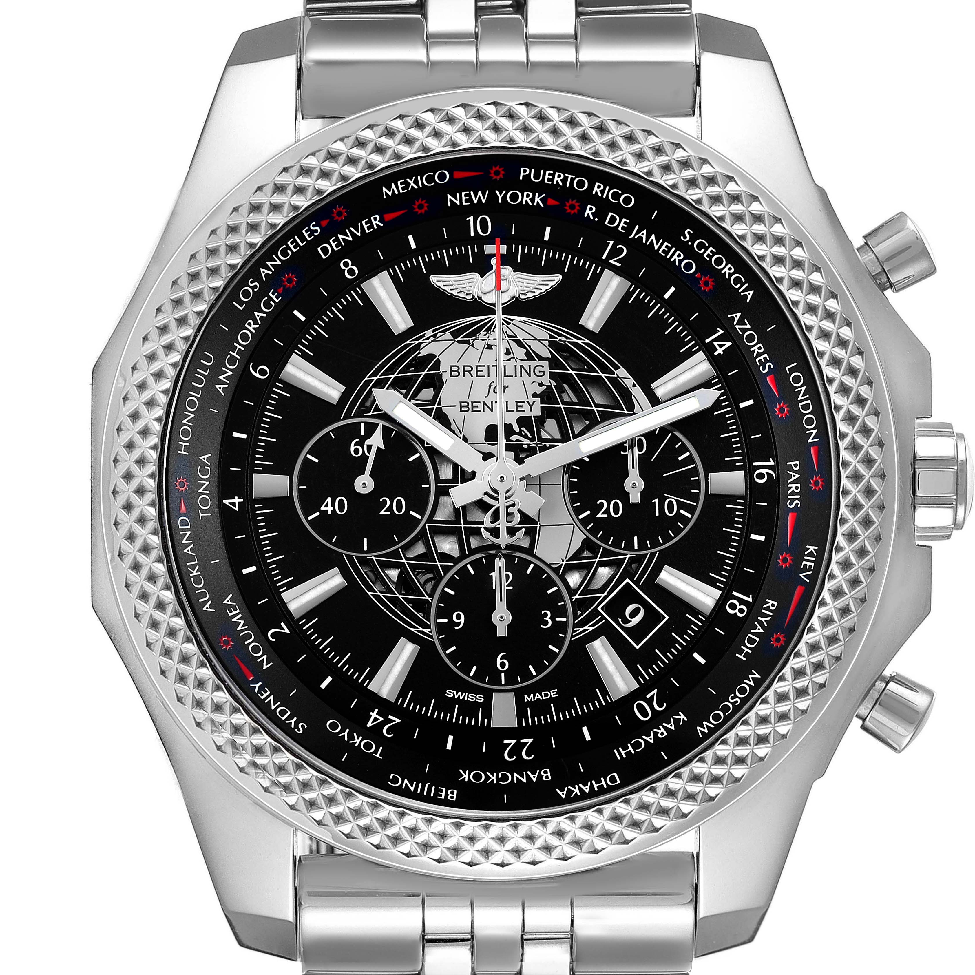 The image shows a Breitling Bentley AB0521 Men's Stainless Steel Black Dial watch from a front angle, displaying the face with city names, subdials, and silver bezel.