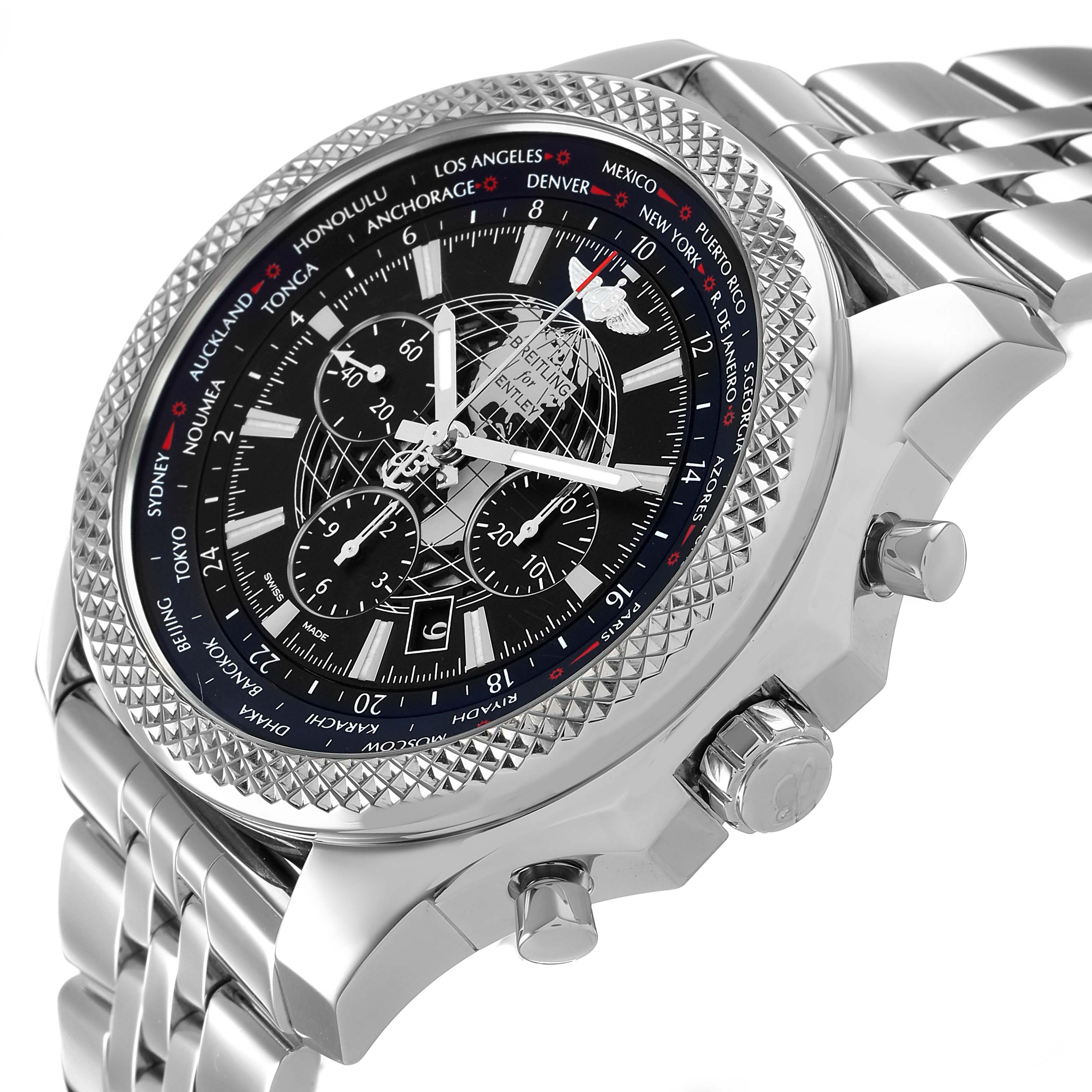 The Bentley model by Breitling is shown at a three-quarter angle, highlighting the dial, bezel, and part of the band.
