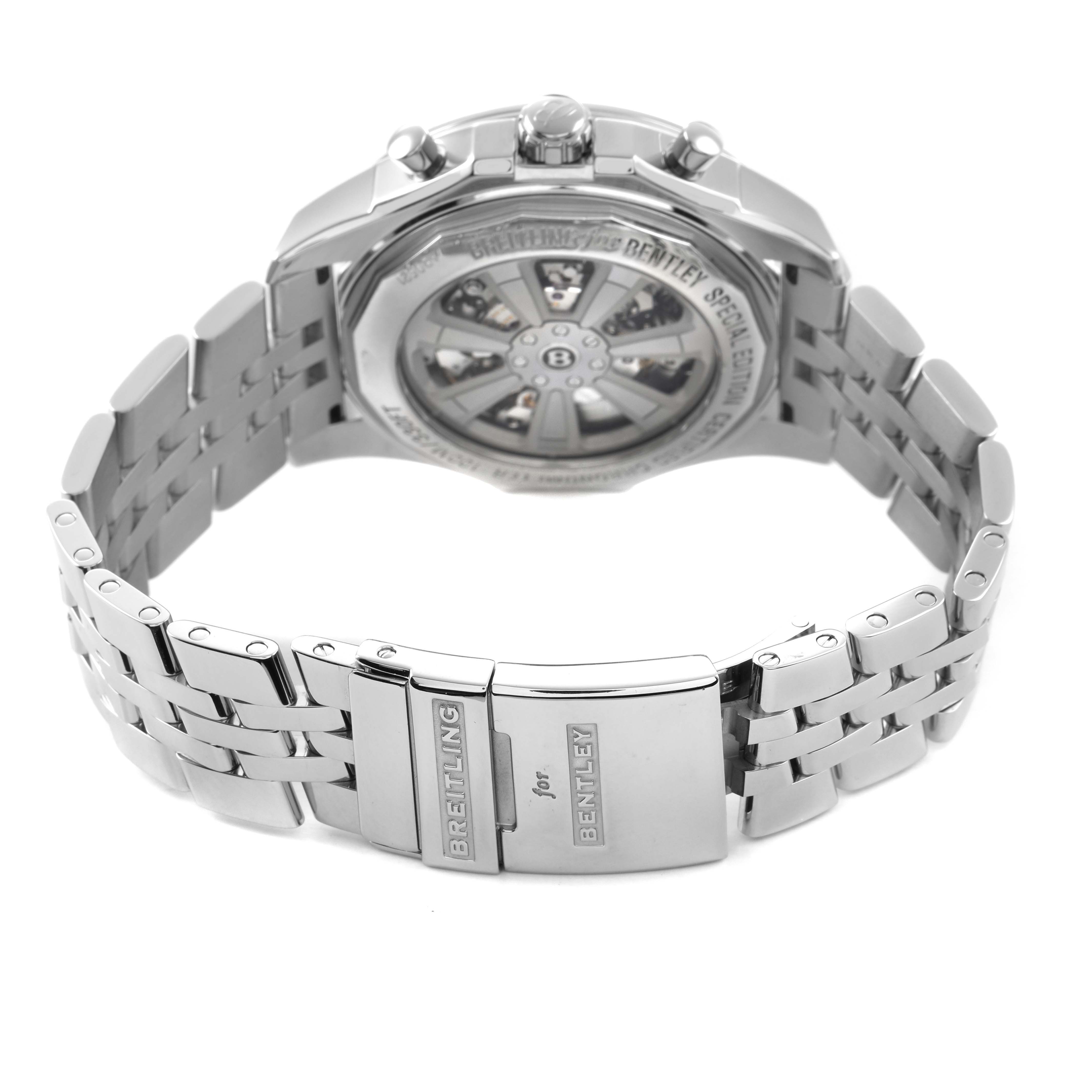 The image shows the Breitling for Bentley watch from the back, highlighting the bracelet and clasp with the brand's engraving.
