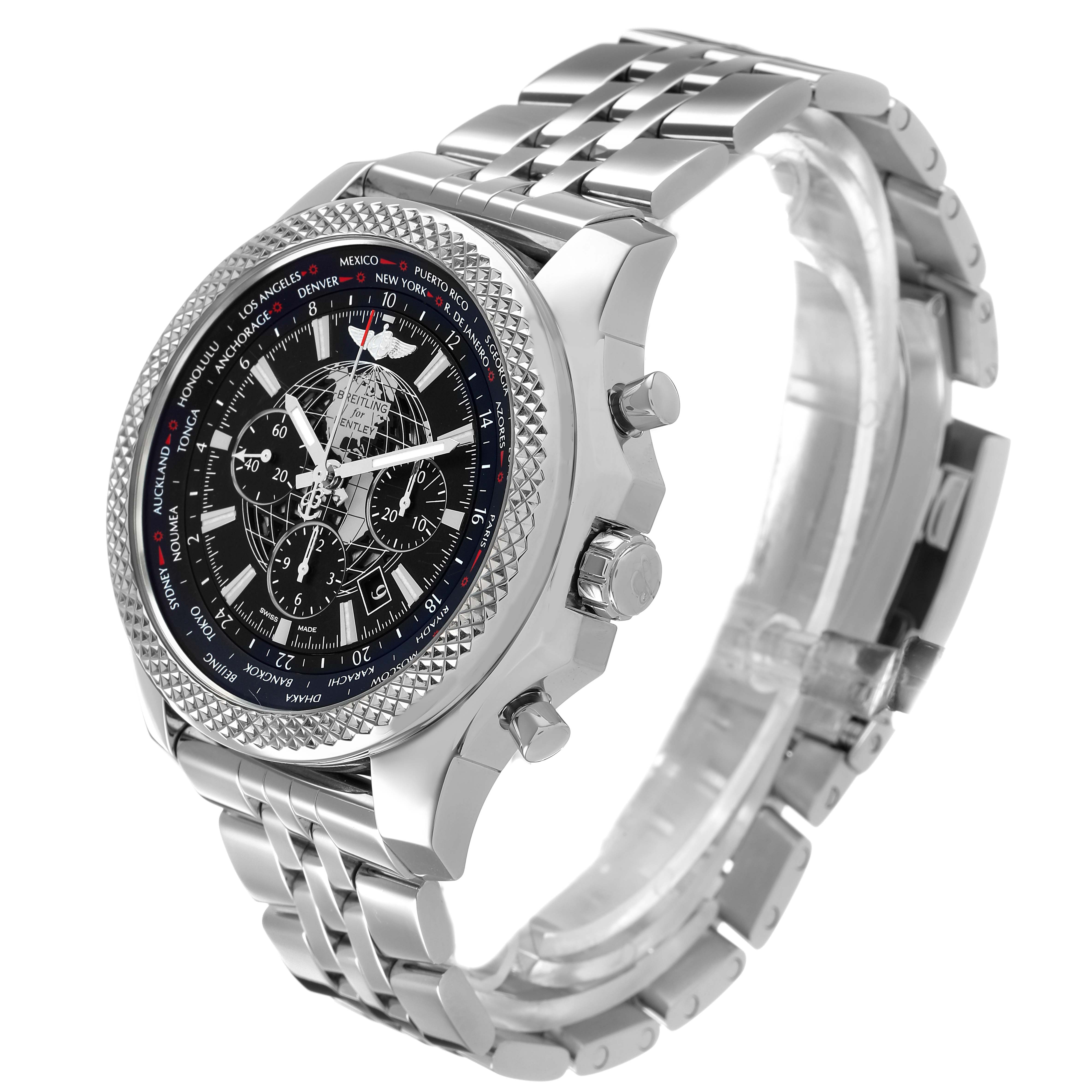 The Breitling Bentley AB0521 Men's Stainless Steel Black Dial watch is shown at an angled side view, highlighting the bezel, dial, and bracelet.