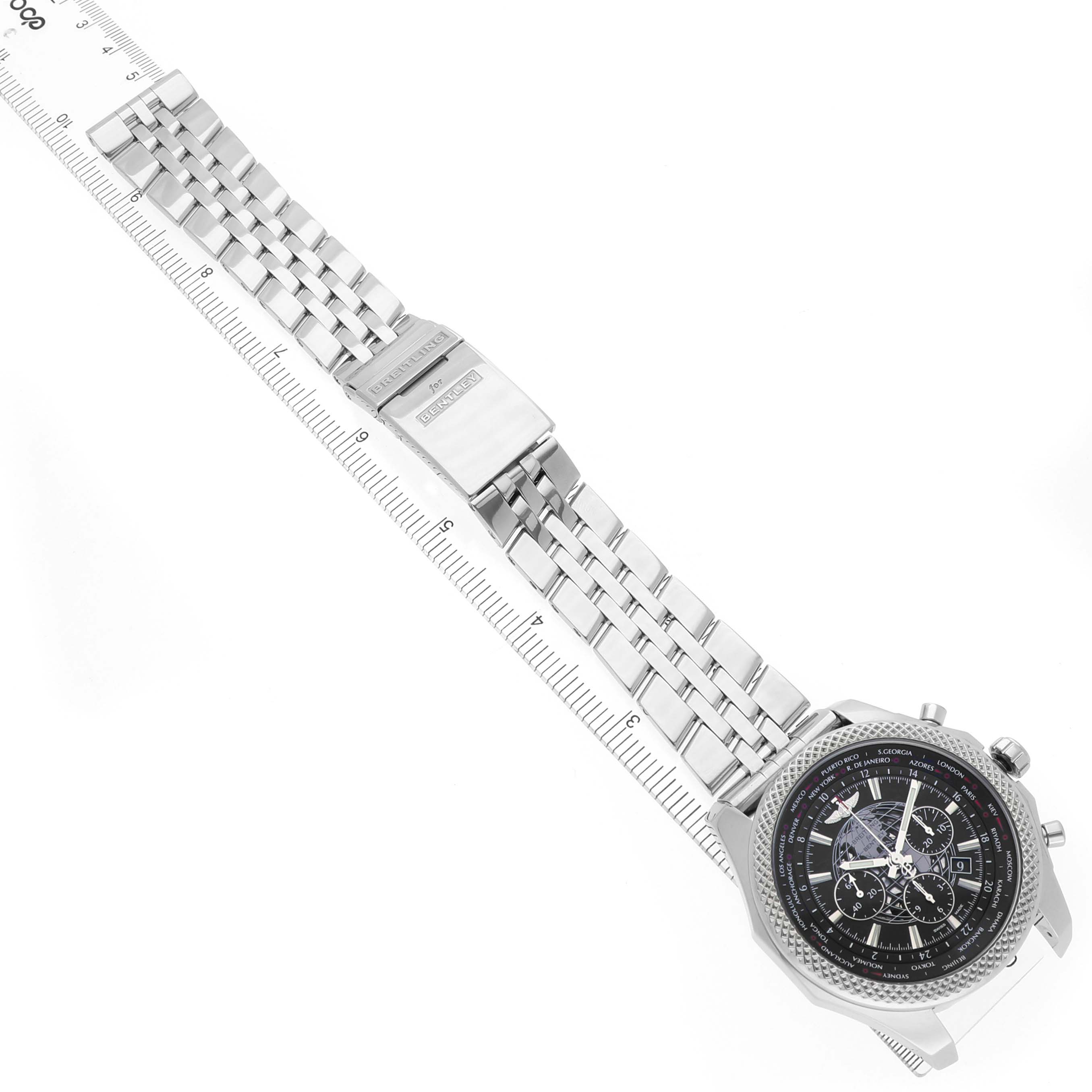 The Breitling Bentley AB0521 Men's Stainless Steel Black Dial watch is shown from an angled overhead view, highlighting the face, bezel, and bracelet clasp.