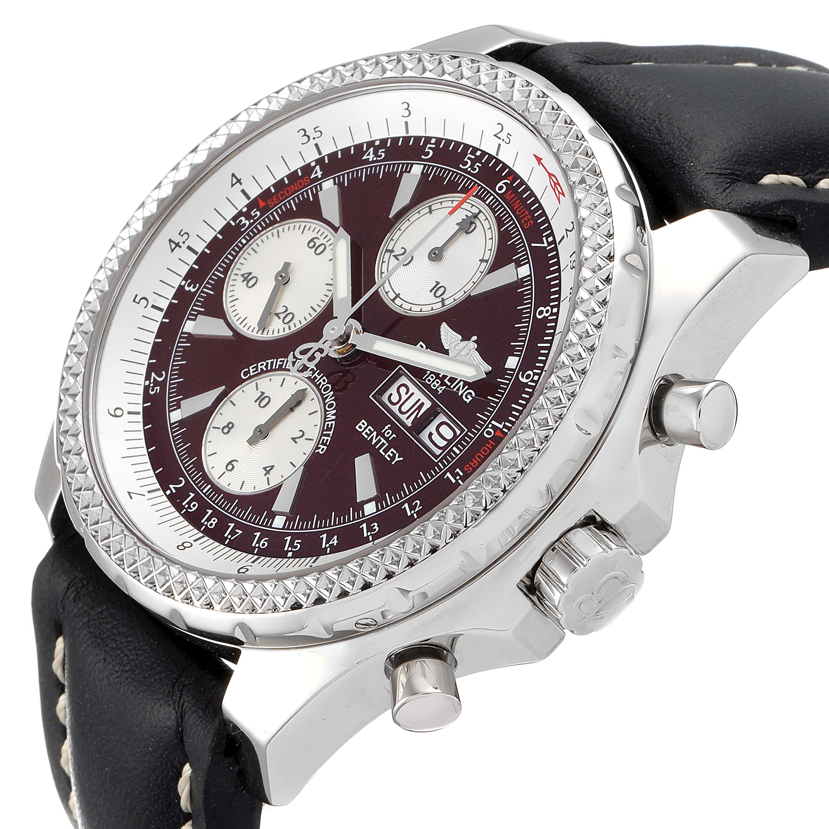 The Bentley model by Breitling is shown at an angle, highlighting its dial, bezel, pushers, and crown.