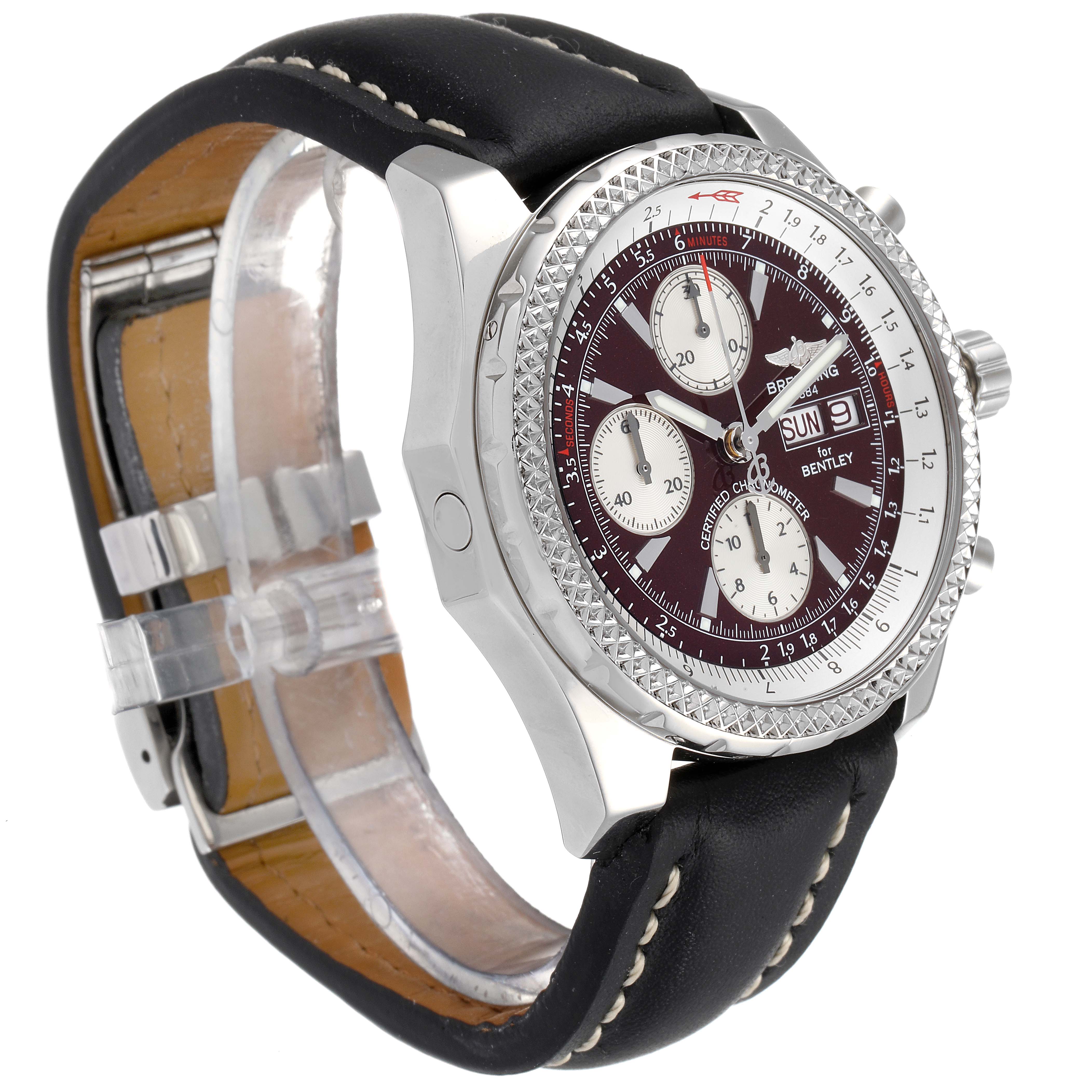The image shows a side angle of the Breitling Bentley A13362 Men's Stainless Steel Burgundy Dial A13362 Men's Stainless Steel Burgundy Dial watch, highlighting the face, bezel, and leather strap.