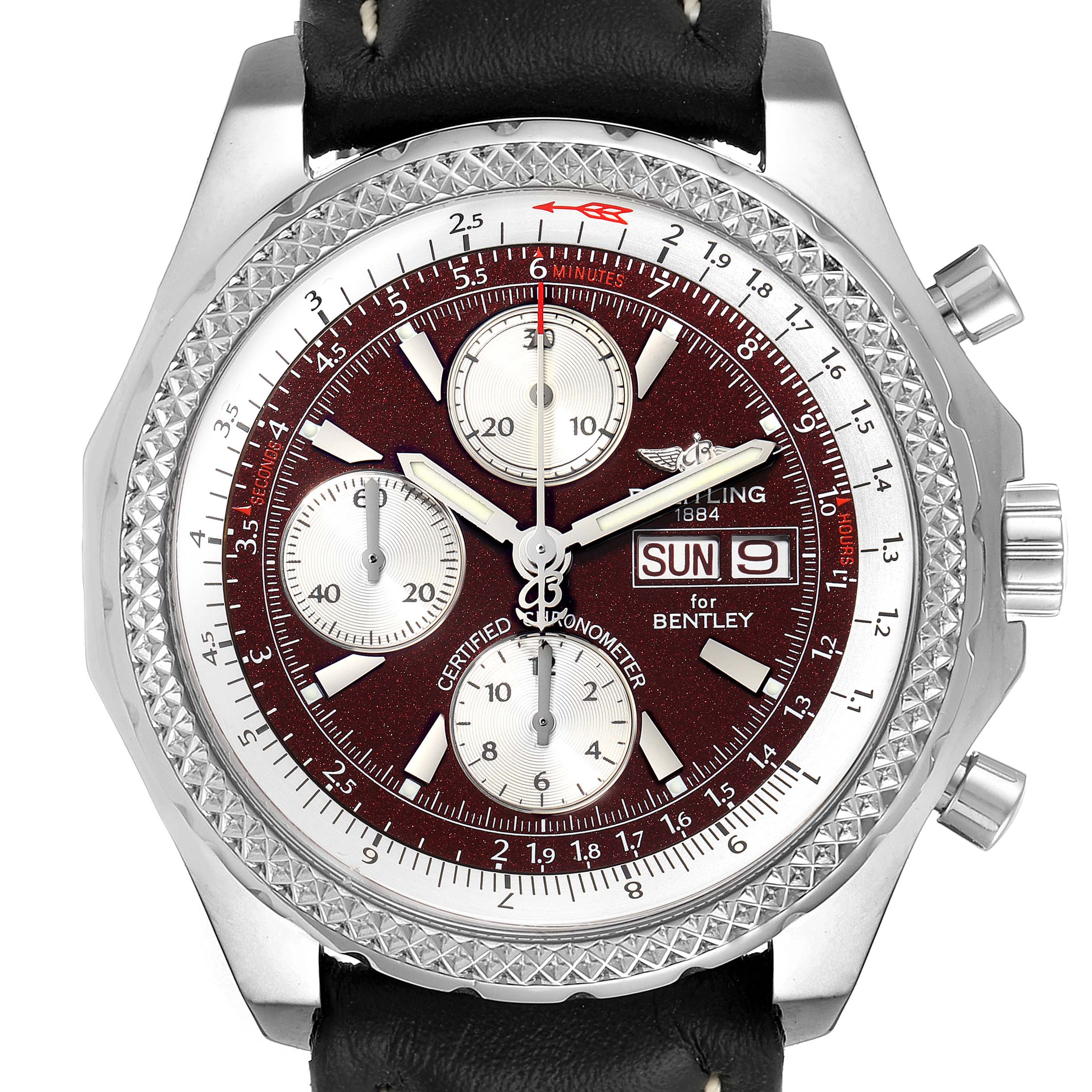 This image shows a front view of a Breitling Bentley A13362 Men's Stainless Steel Burgundy Dial A13362 Men's Stainless Steel Burgundy Dial watch, highlighting the dial, subdials, bezel, and crown.