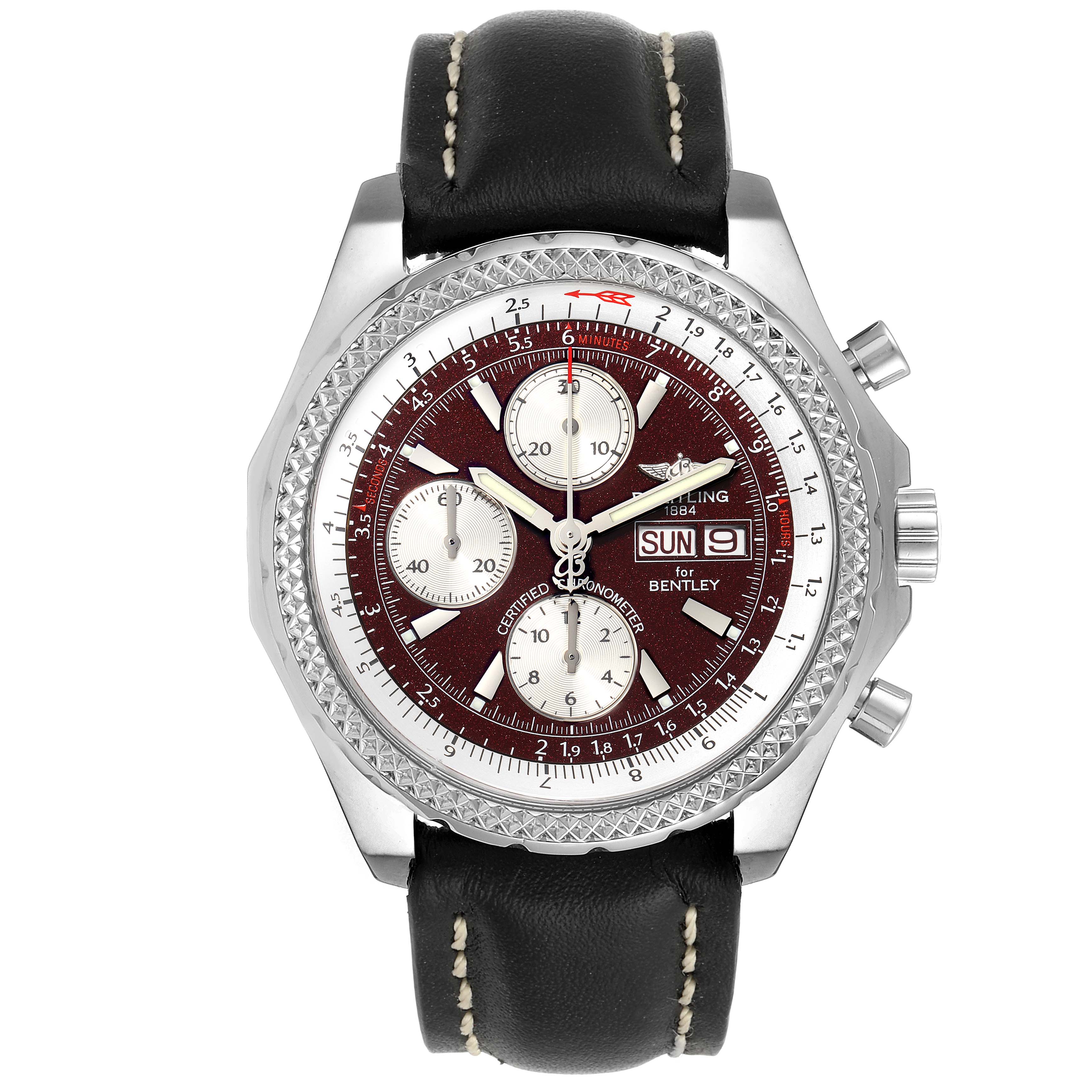 The image shows a front view of a Bentley model watch by Breitling, highlighting its dial, chronograph subdials, bezel, and leather strap.