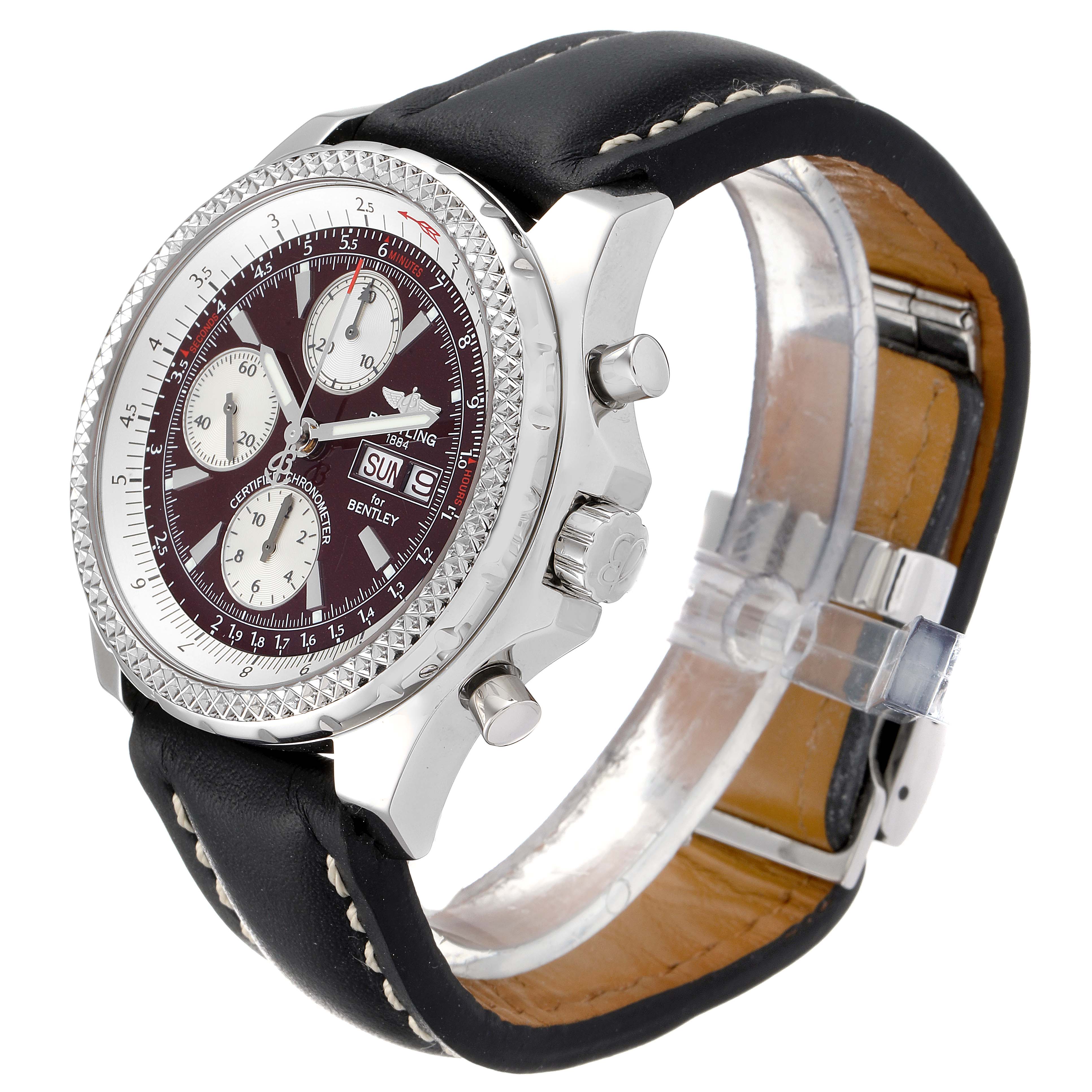 The Breitling Bentley A13362 Men's Stainless Steel Burgundy Dial A13362 Men's Stainless Steel Burgundy Dial model watch is shown at a three-quarter angle, highlighting the dial, bezel, crown, leather strap, and push buttons.