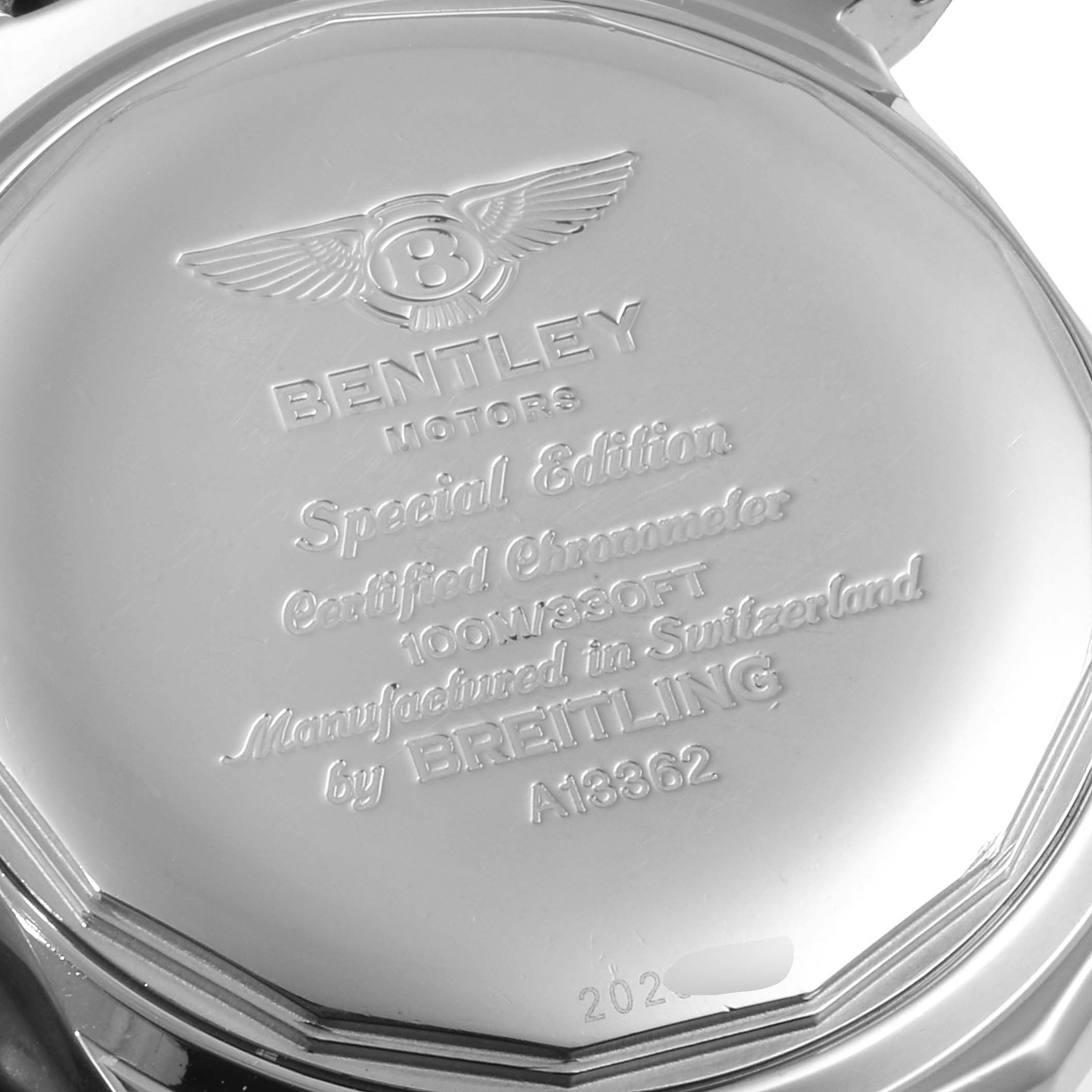 The image shows the back case of a Breitling Bentley A13362 Men's Stainless Steel Burgundy Dial A13362 Men's Stainless Steel Burgundy Dial watch, engraved with the model details and logo.
