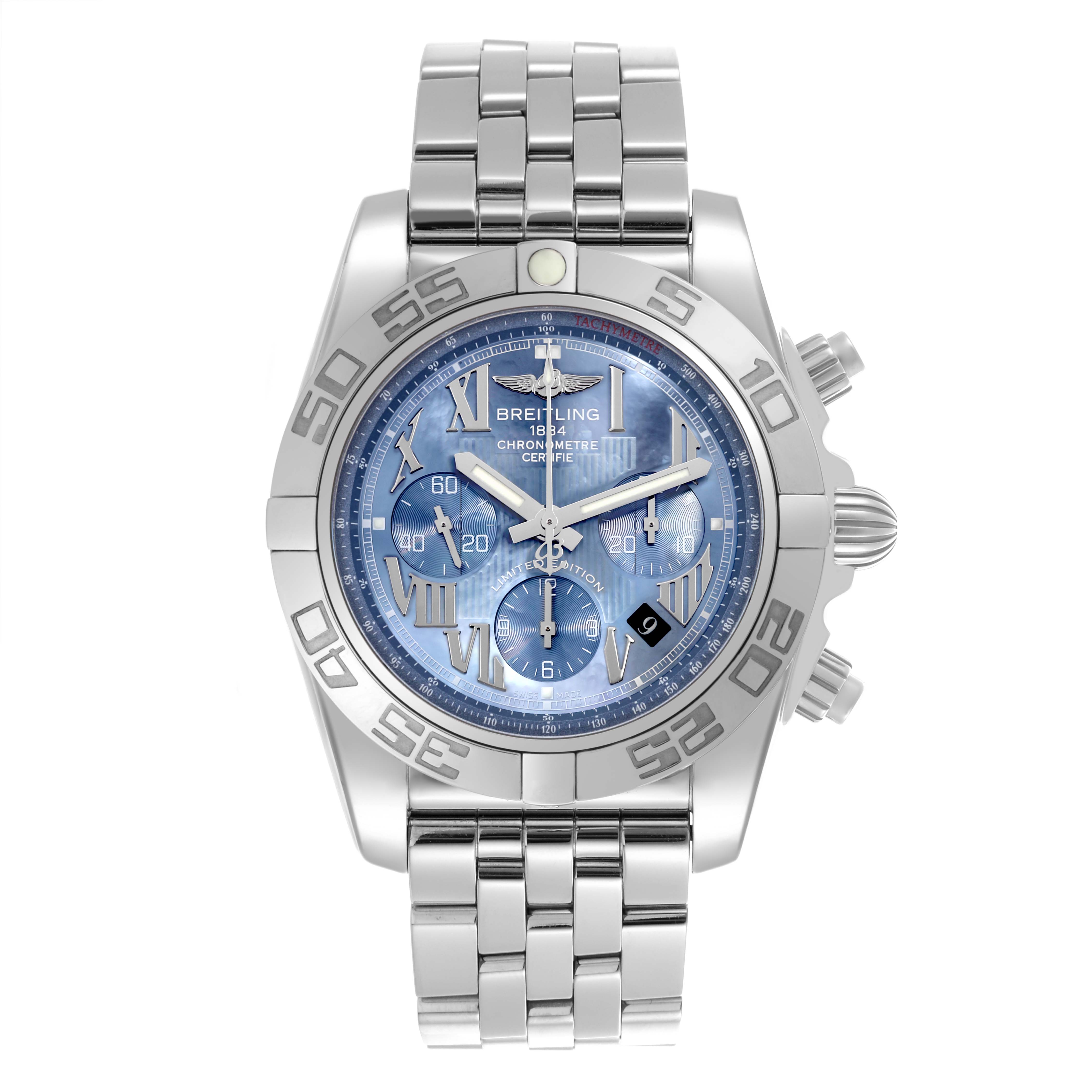 The Breitling Chronomat AB0110 Men's Stainless Steel Mother of Pearl Dial AB0110 Men's Stainless Steel Mother of Pearl Dial watch is shown from a front angle, highlighting the bezel, dial, and bracelet.