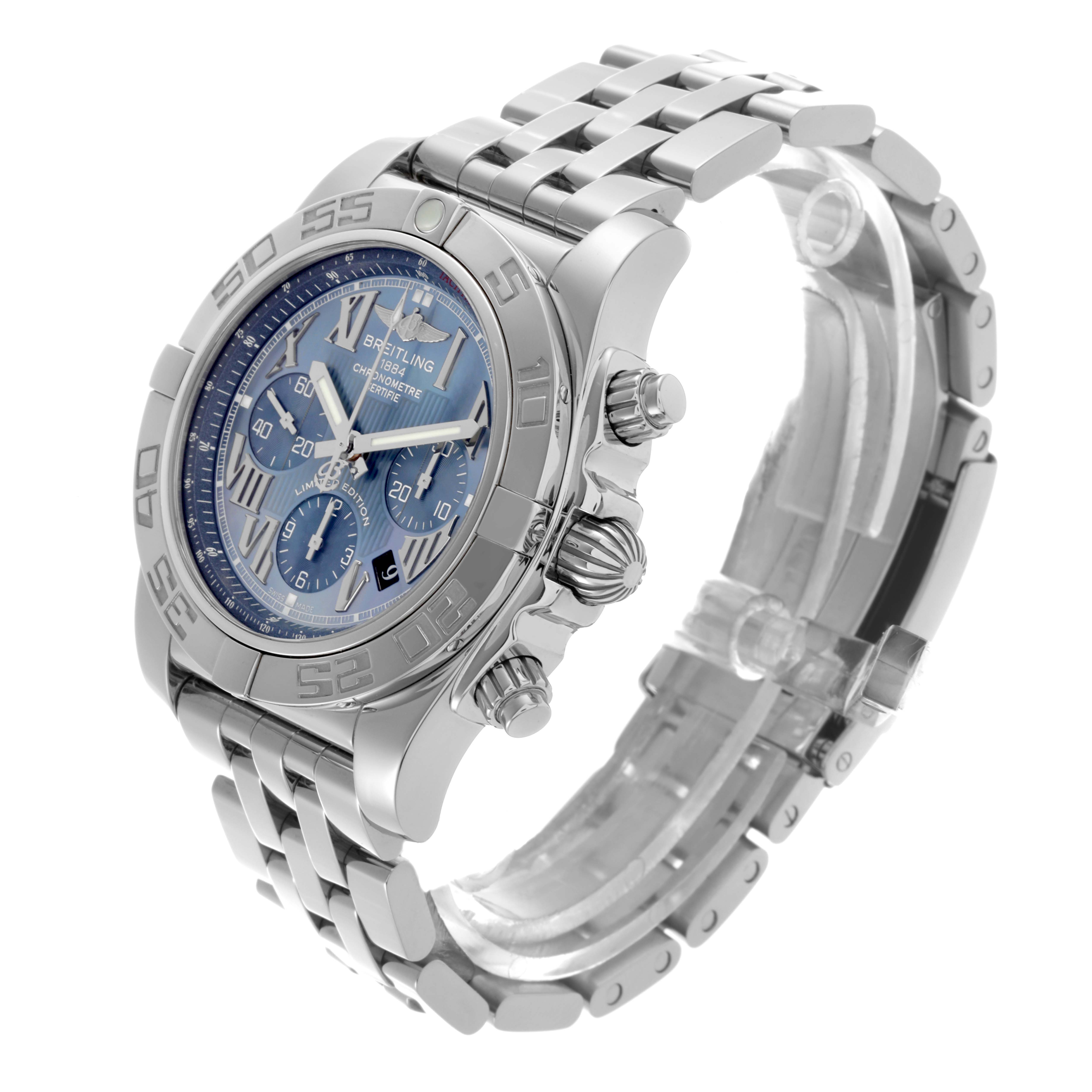 The image shows a side angle of the Breitling Chronomat AB0110 Men's Stainless Steel Mother of Pearl Dial AB0110 Men's Stainless Steel Mother of Pearl Dial watch, highlighting the bezel, crown, and part of the bracelet.