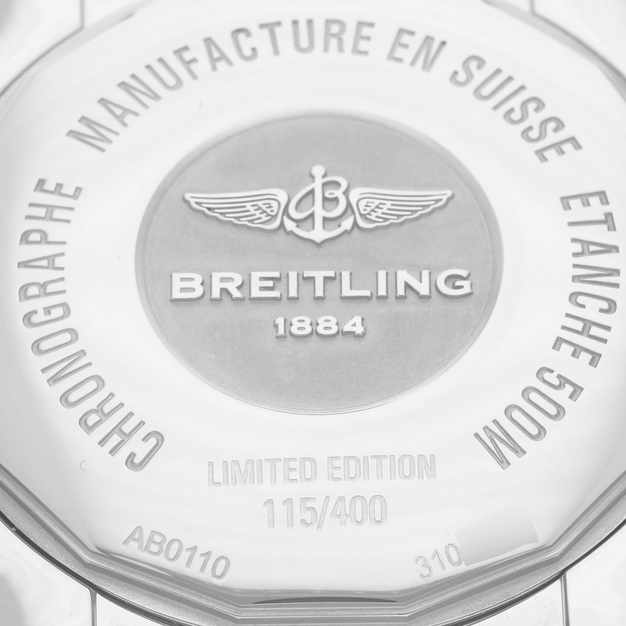 The image shows the back case of a Breitling Chronomat AB0110 Men's Stainless Steel Mother of Pearl Dial AB0110 Men's Stainless Steel Mother of Pearl Dial watch, highlighting its limited edition engraving.