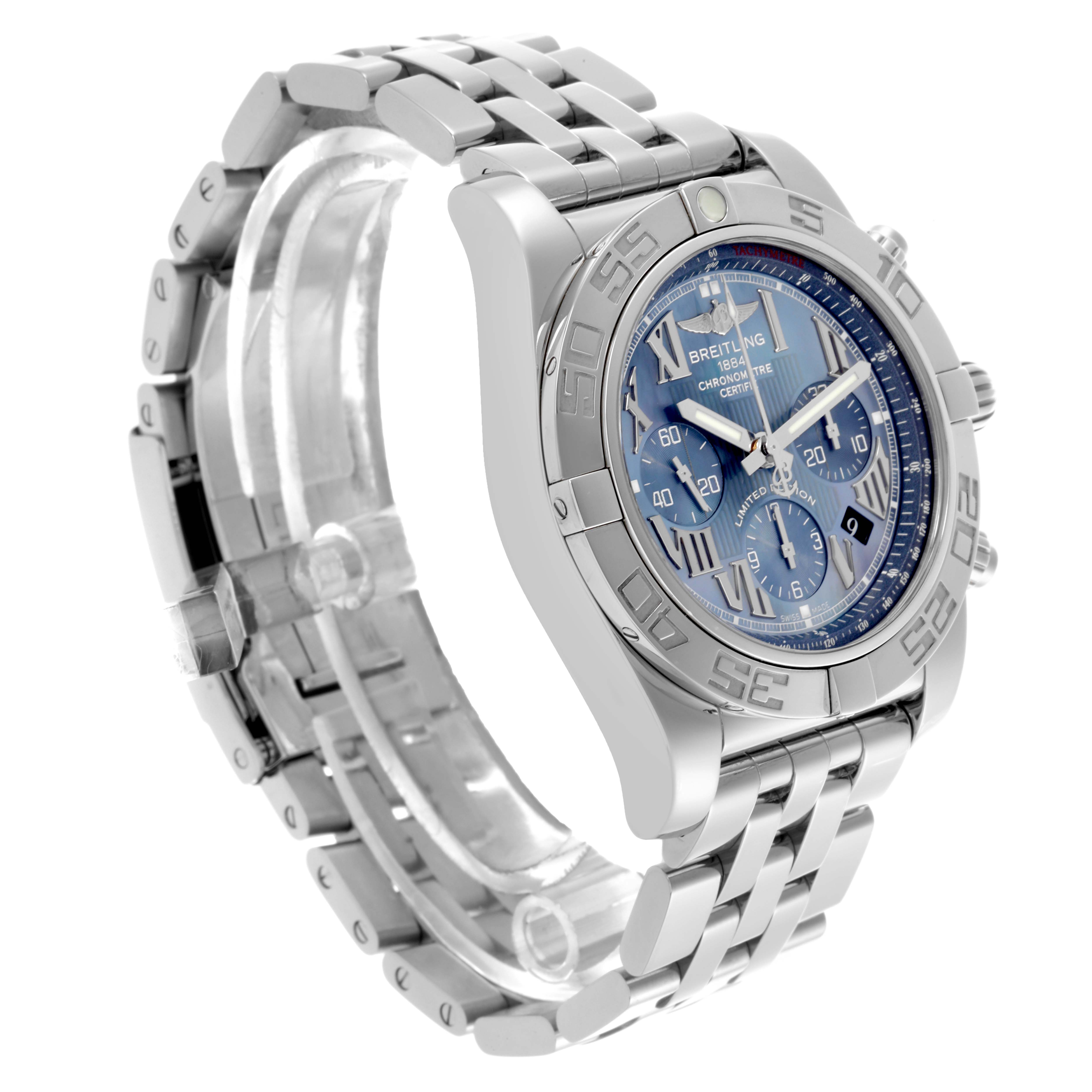 The Breitling Chronomat AB0110 Men's Stainless Steel Mother of Pearl Dial AB0110 Men's Stainless Steel Mother of Pearl Dial watch is shown at a three-quarter angle, highlighting its bracelet, bezel, and dial details.