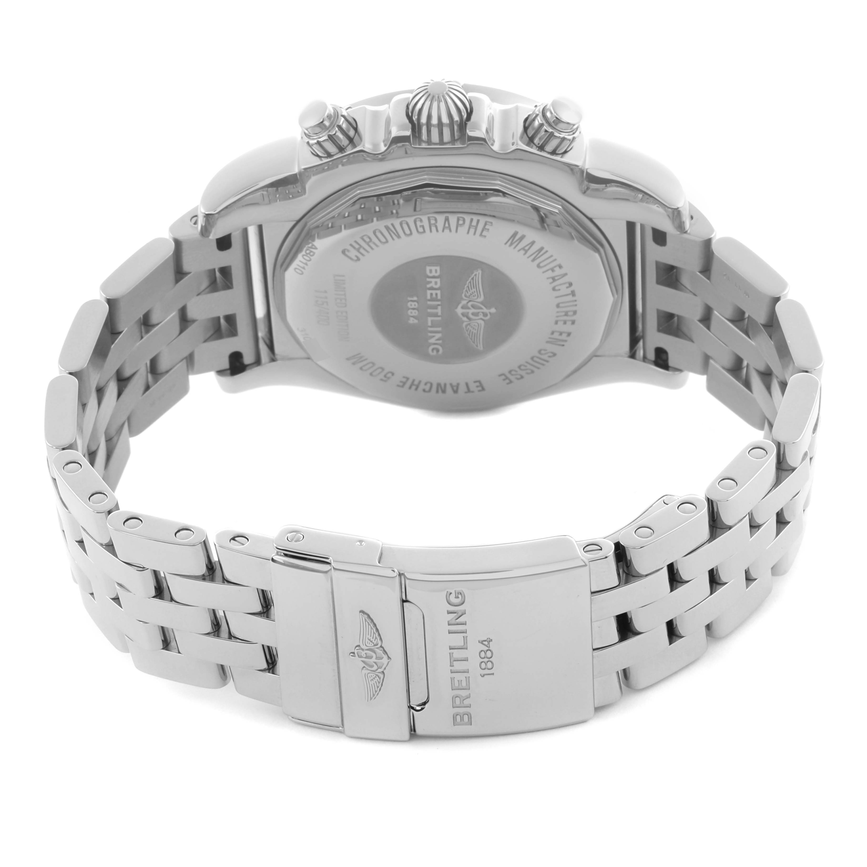 The Breitling Chronomat AB0110 Men's Stainless Steel Mother of Pearl Dial AB0110 Men's Stainless Steel Mother of Pearl Dial watch is shown from the back, displaying the clasp, bracelet, and case back.