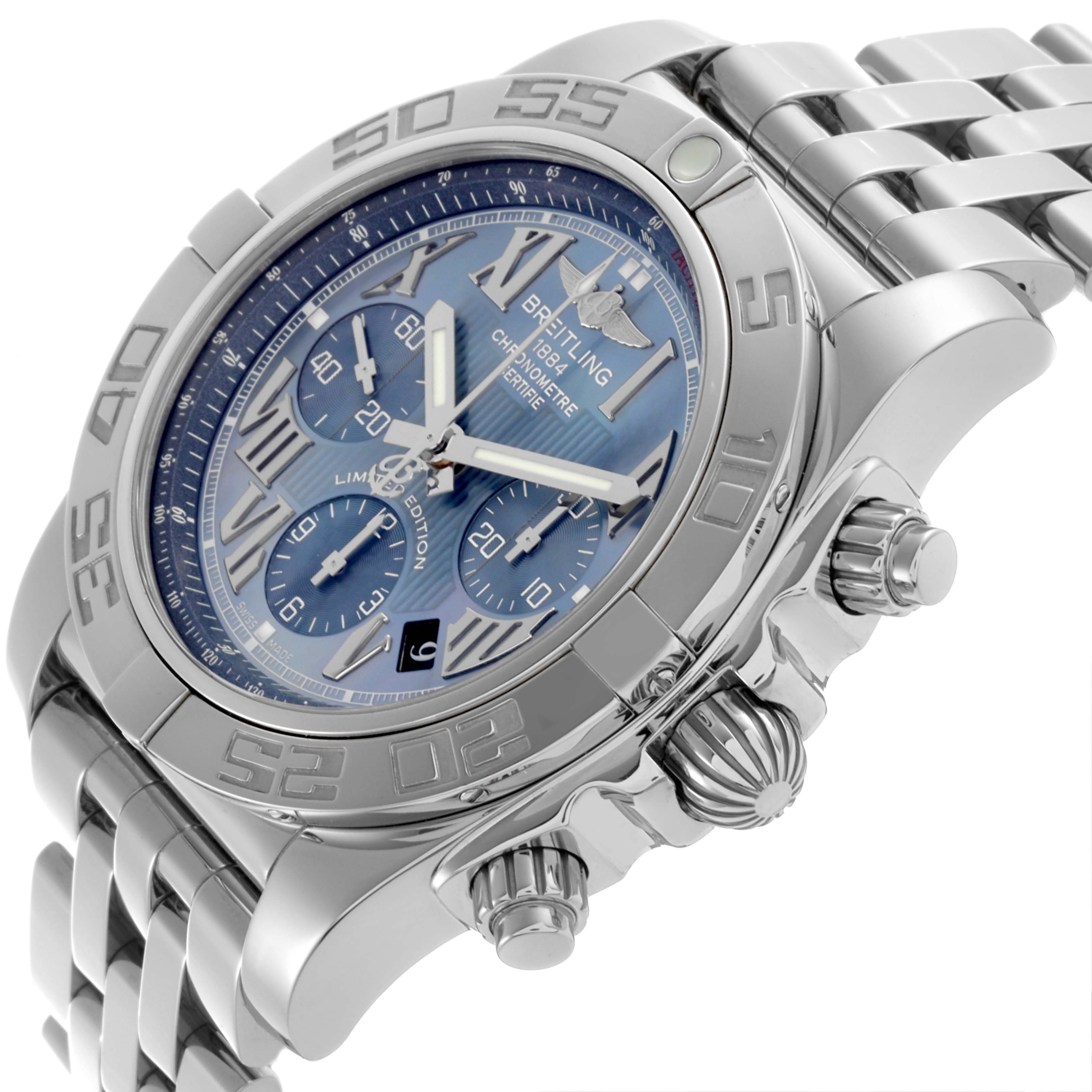 The Breitling Chronomat AB0110 Men's Stainless Steel Mother of Pearl Dial AB0110 Men's Stainless Steel Mother of Pearl Dial watch is shown at a slight side angle, highlighting the dial, bezel, crown, pushers, and part of the bracelet.