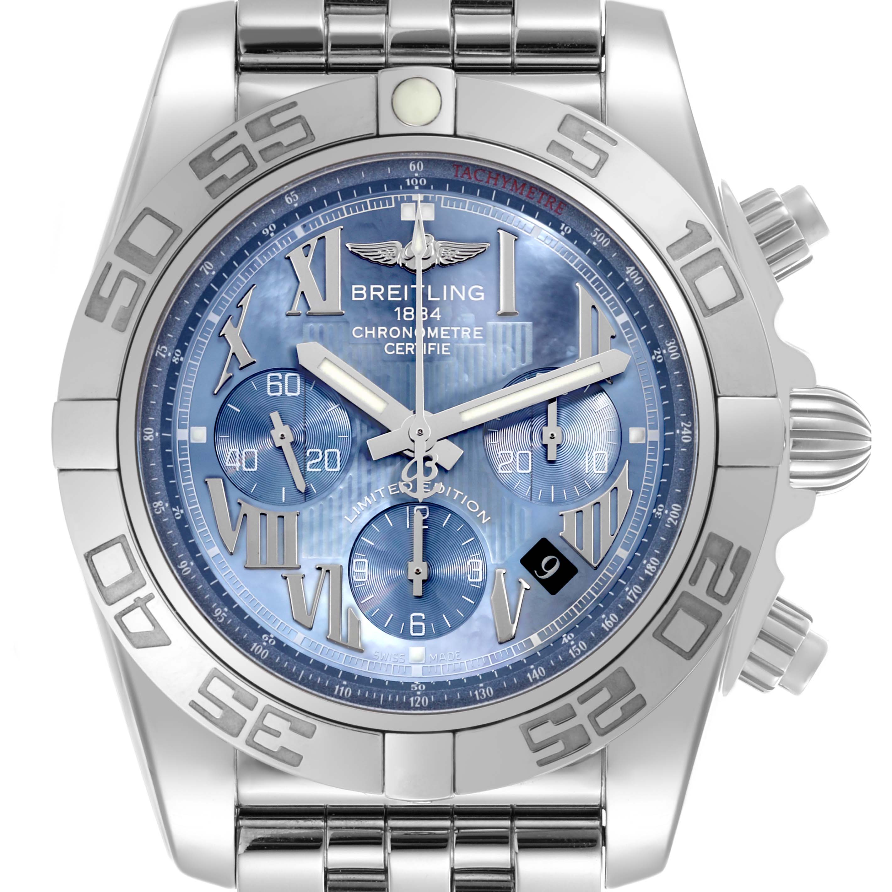 The Breitling Chronomat AB0110 Men's Stainless Steel Mother of Pearl Dial AB0110 Men's Stainless Steel Mother of Pearl Dial watch is shown from a top-angle, displaying its face, bezel, pushers, and part of the bracelet.