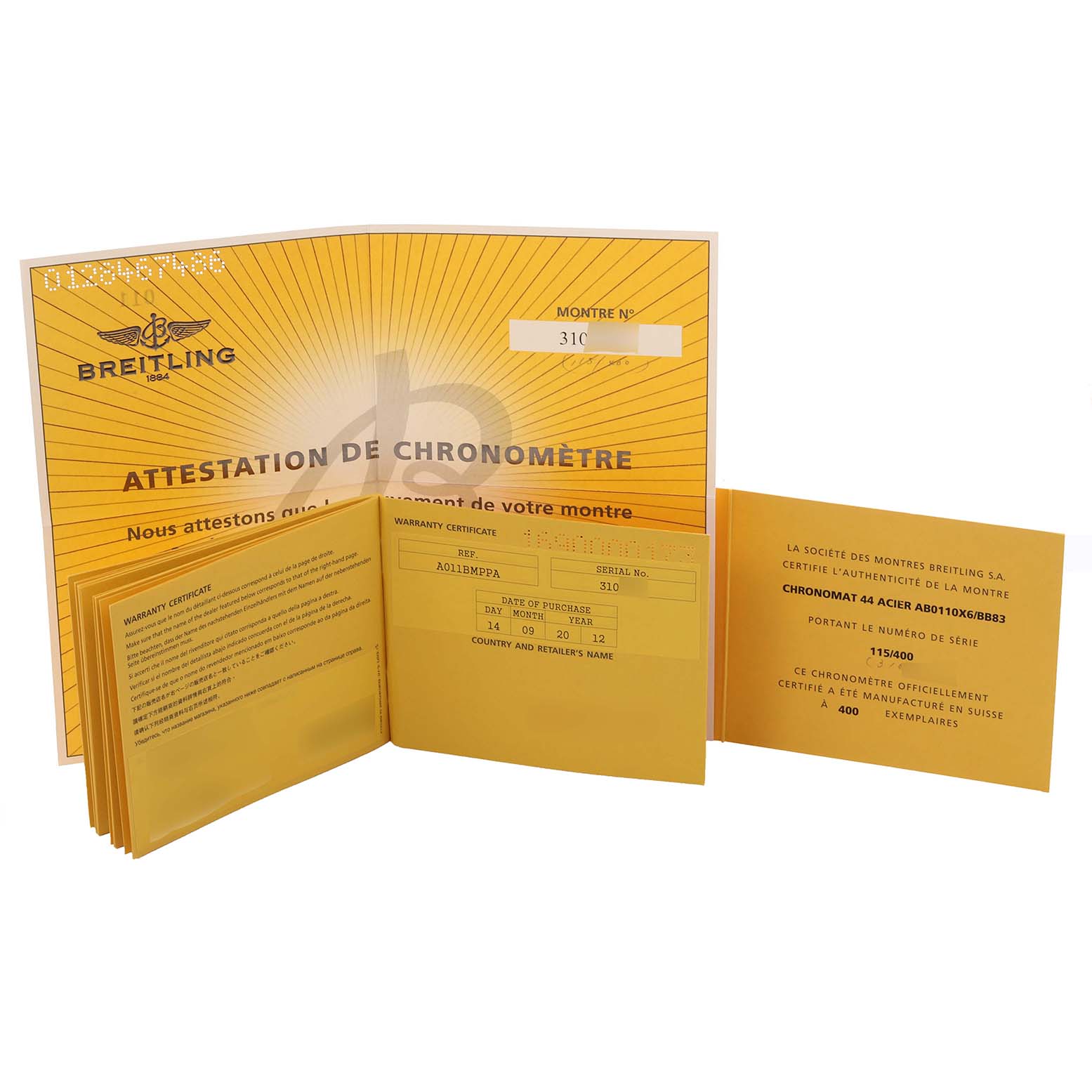 The image shows warranty papers and certificates for the Breitling Chronomat AB0110 Men's Stainless Steel Mother of Pearl Dial AB0110 Men's Stainless Steel Mother of Pearl Dial watch.