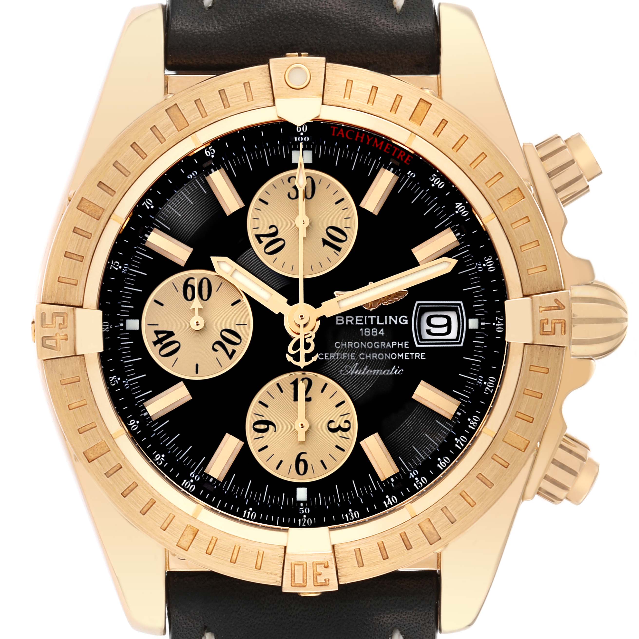 The image shows a front view of a Breitling Chronomat K13356 Men
s Yellow Gold Black Dial K13356 Men
s Yellow Gold Black Dial watch, highlighting the dial, chronograph subdials, bezel, and crown.