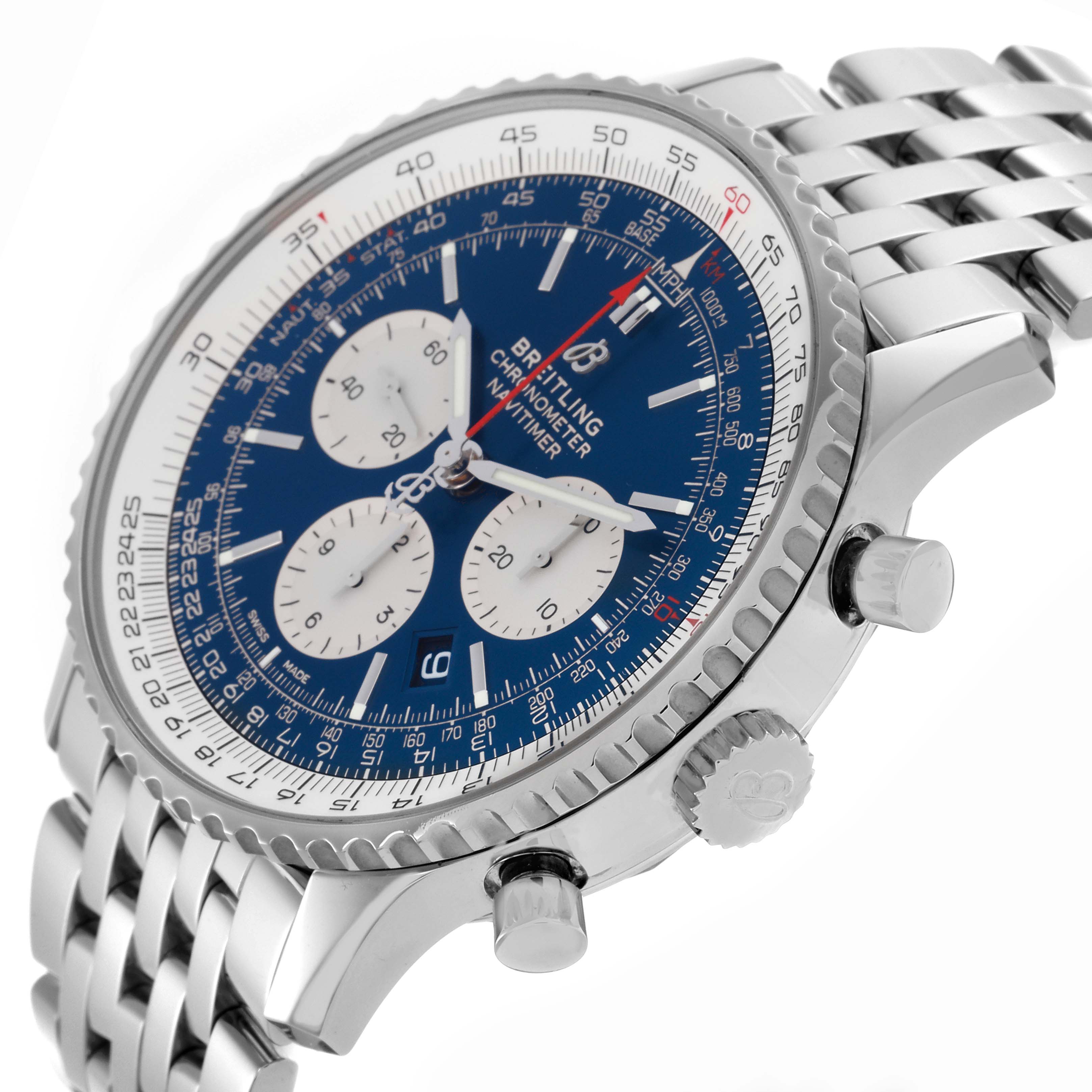The Breitling Navitimer AB0127 Men's Stainless Steel Blue Dial AB0127 Men's Stainless Steel Blue Dial watch is shown at an angled side view, highlighting the bezel, crown, pushers, and bracelet.