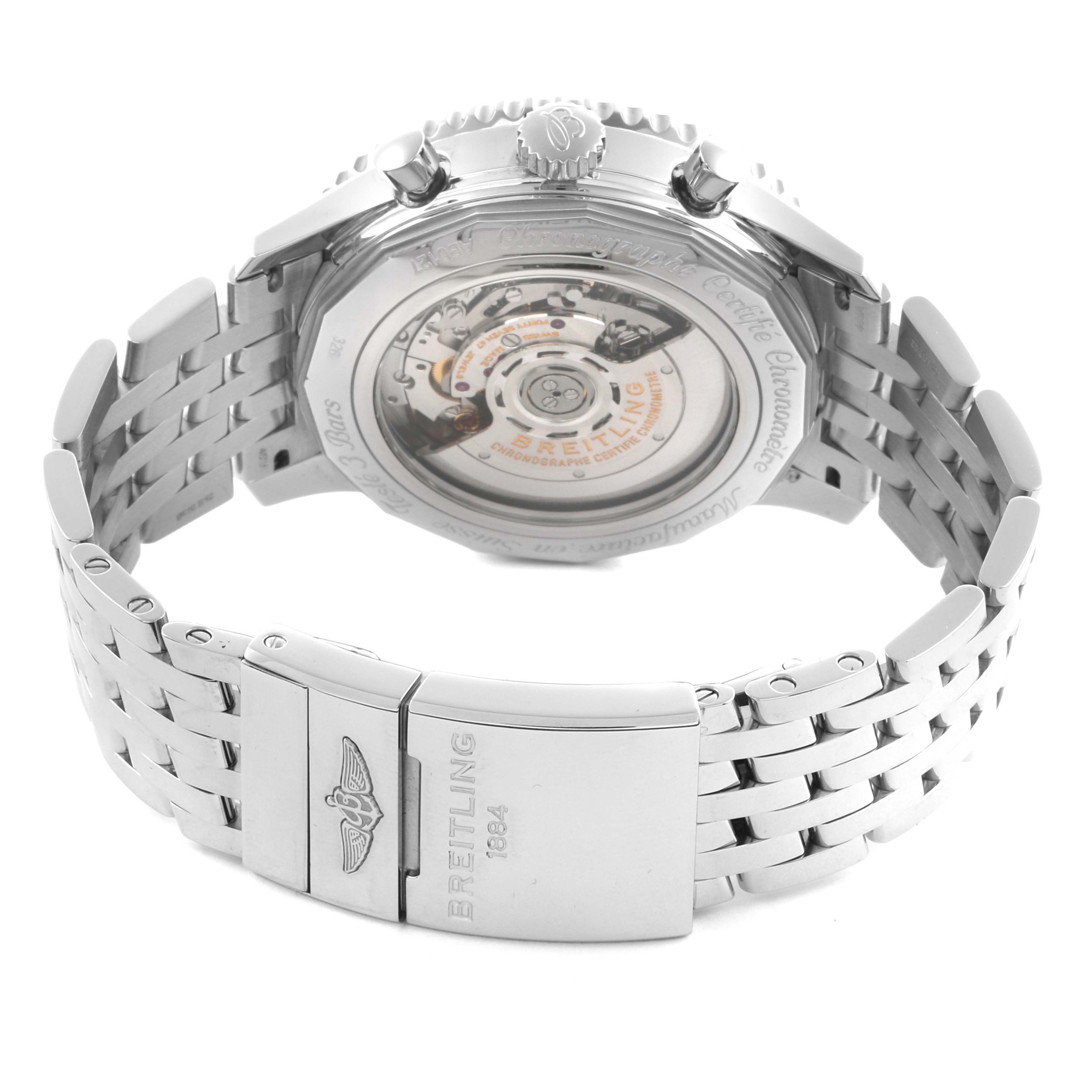 The image shows the back view of the Breitling Navitimer AB0127 Men's Stainless Steel Blue Dial AB0127 Men's Stainless Steel Blue Dial, highlighting the exhibition case back and stainless steel bracelet.