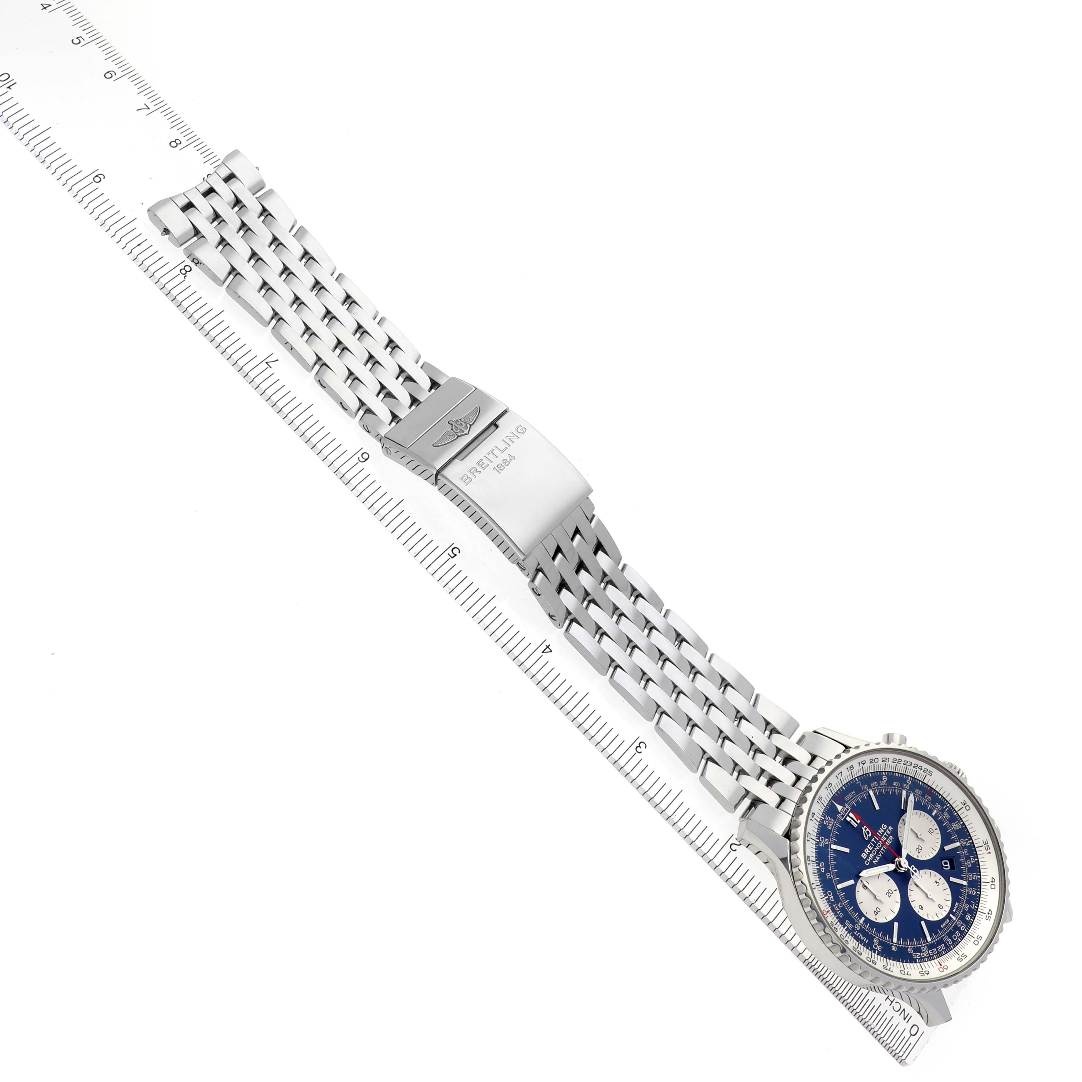The Breitling Navitimer AB0127 Men's Stainless Steel Blue Dial AB0127 Men's Stainless Steel Blue Dial watch is shown at an angle, displaying its face, stainless steel bracelet, and clasp with branding.