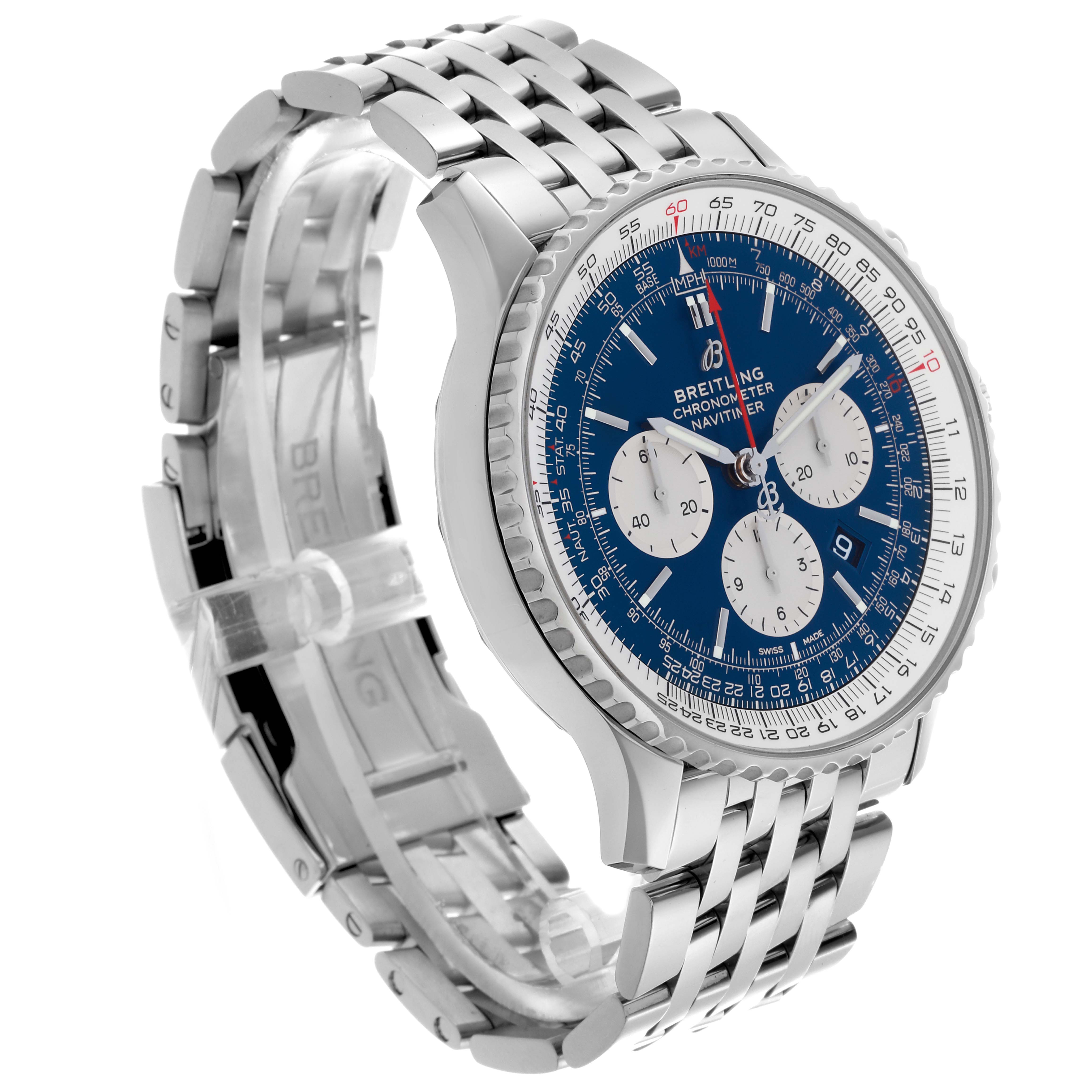 The Breitling Navitimer AB0127 Men's Stainless Steel Blue Dial AB0127 Men's Stainless Steel Blue Dial is shown at an angled side view, highlighting the face, bezel, and bracelet.